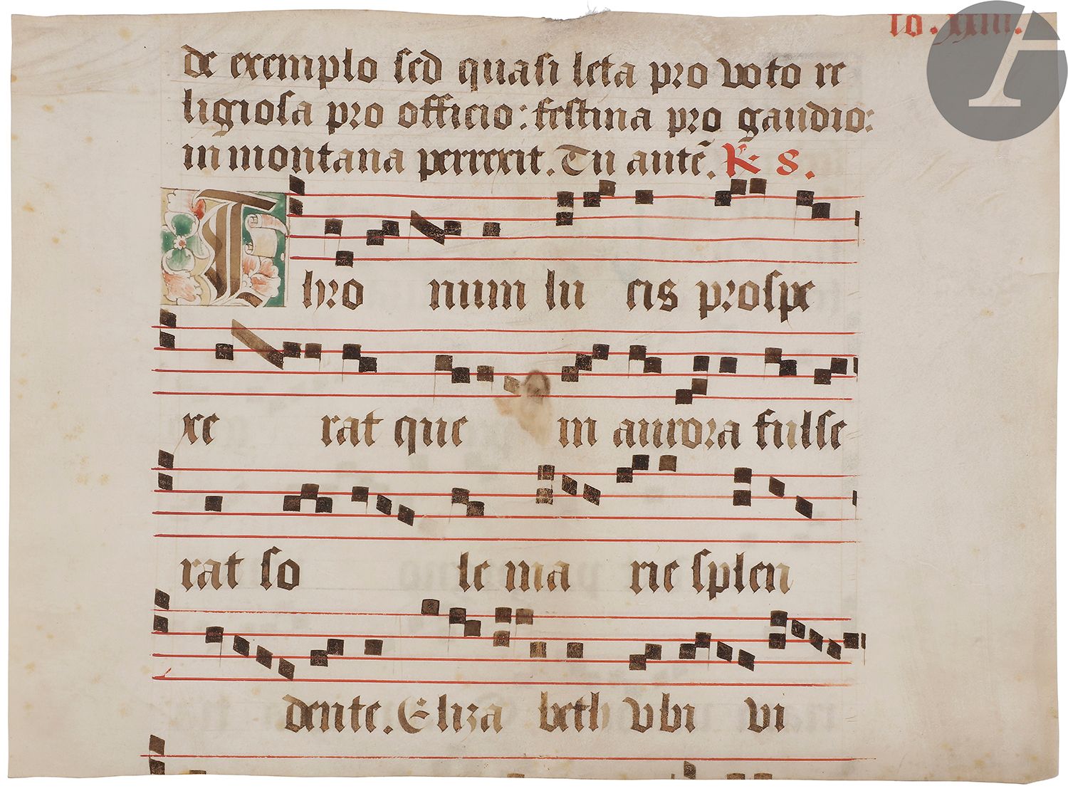 Null ILLUMINAZIONE].
Foglio manoscritto decorato tratto da un libro di coro (ant&hellip;
