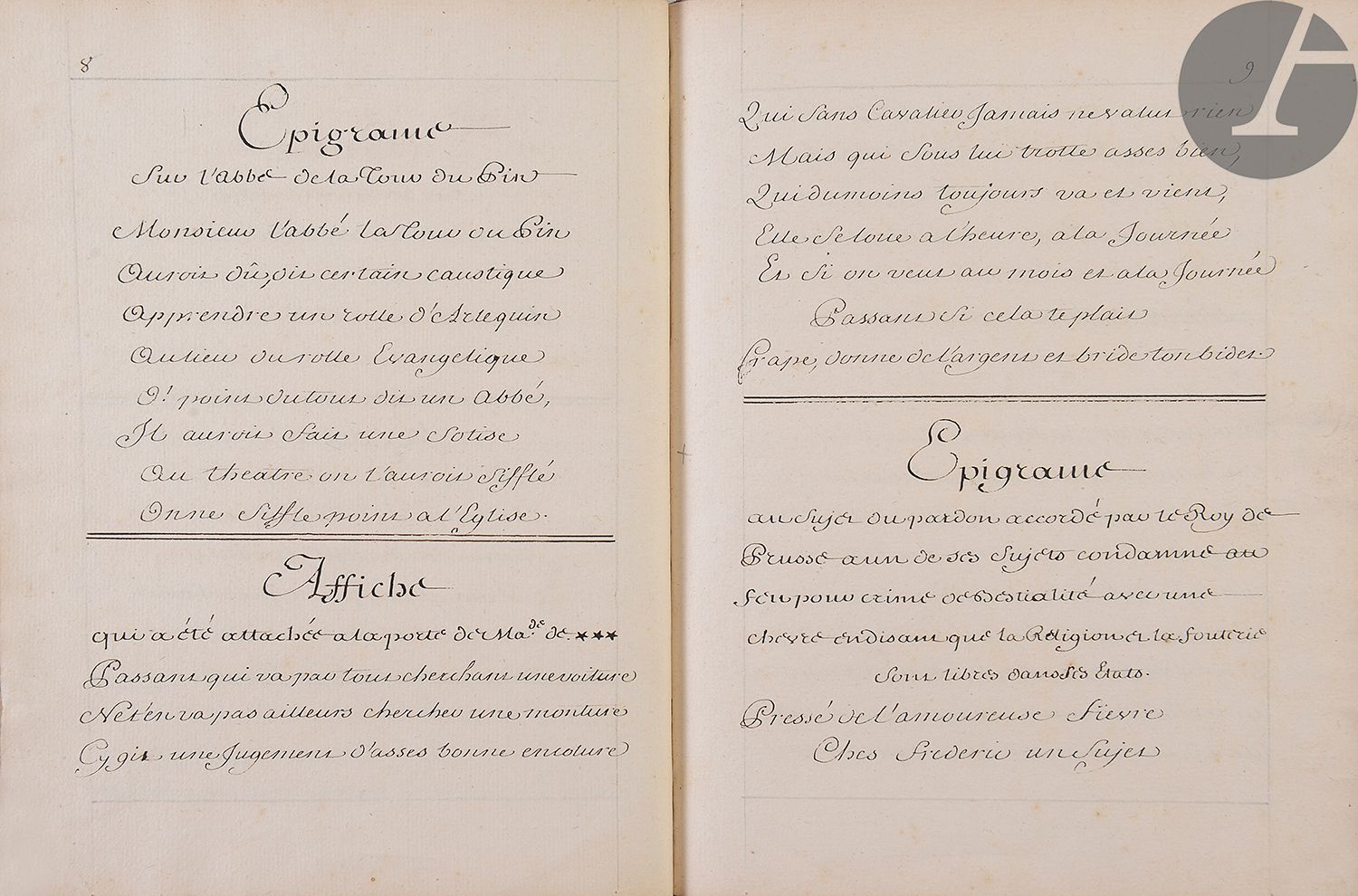 Null [EPIGRAMS]。诗句的选择。
法语，纸上手稿。
法国，约1750年或此后不久。
24页。用19世纪的蓝色半羊皮装订，光滑的书脊上有整个标题。

&hellip;
