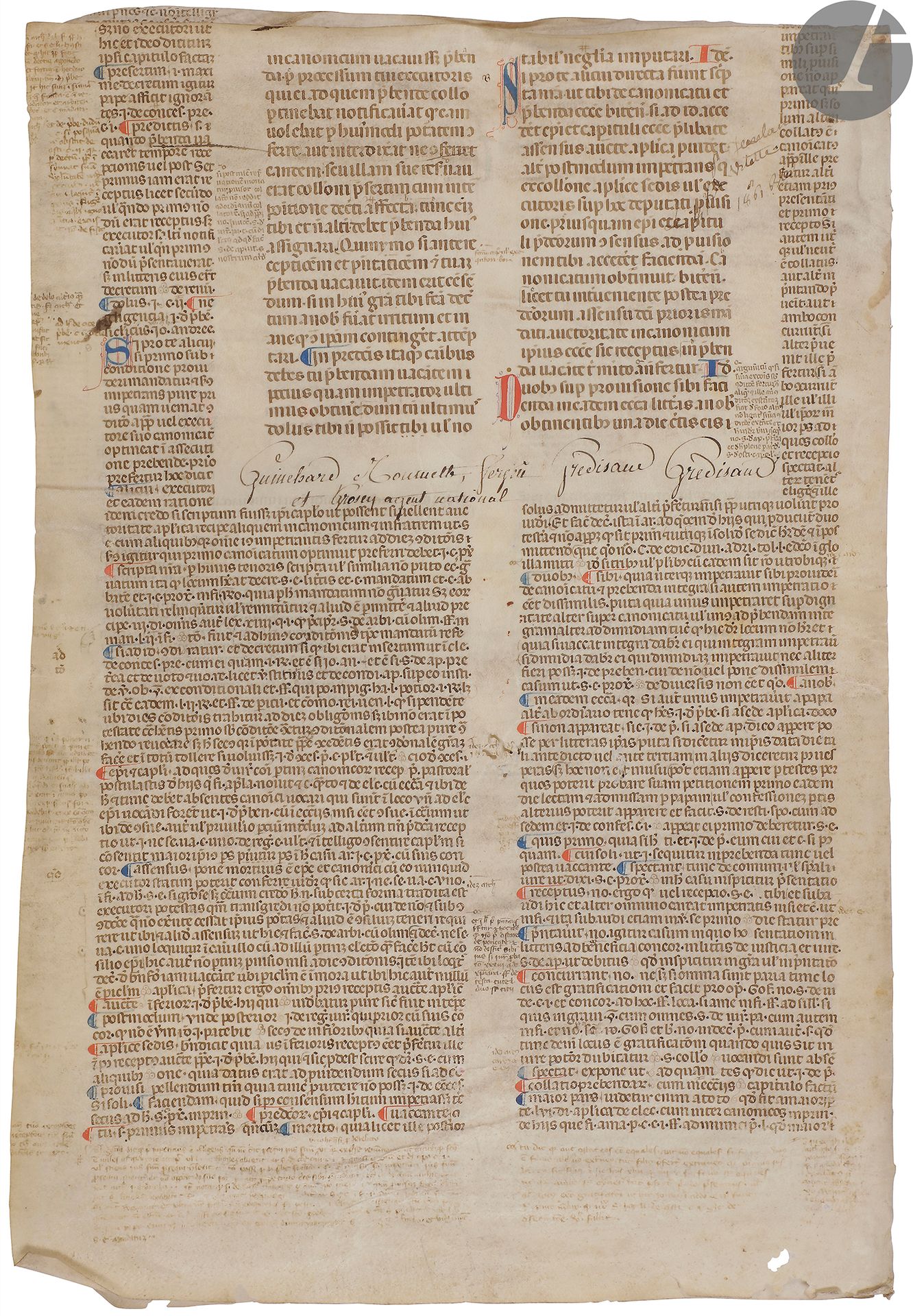 Null [Canon Law]。博尼法斯八世
]博尼法斯八世的手稿传单，lib.I, tit 3, De rescriptis在
拉丁文
中
，有装饰的对开页&hellip;