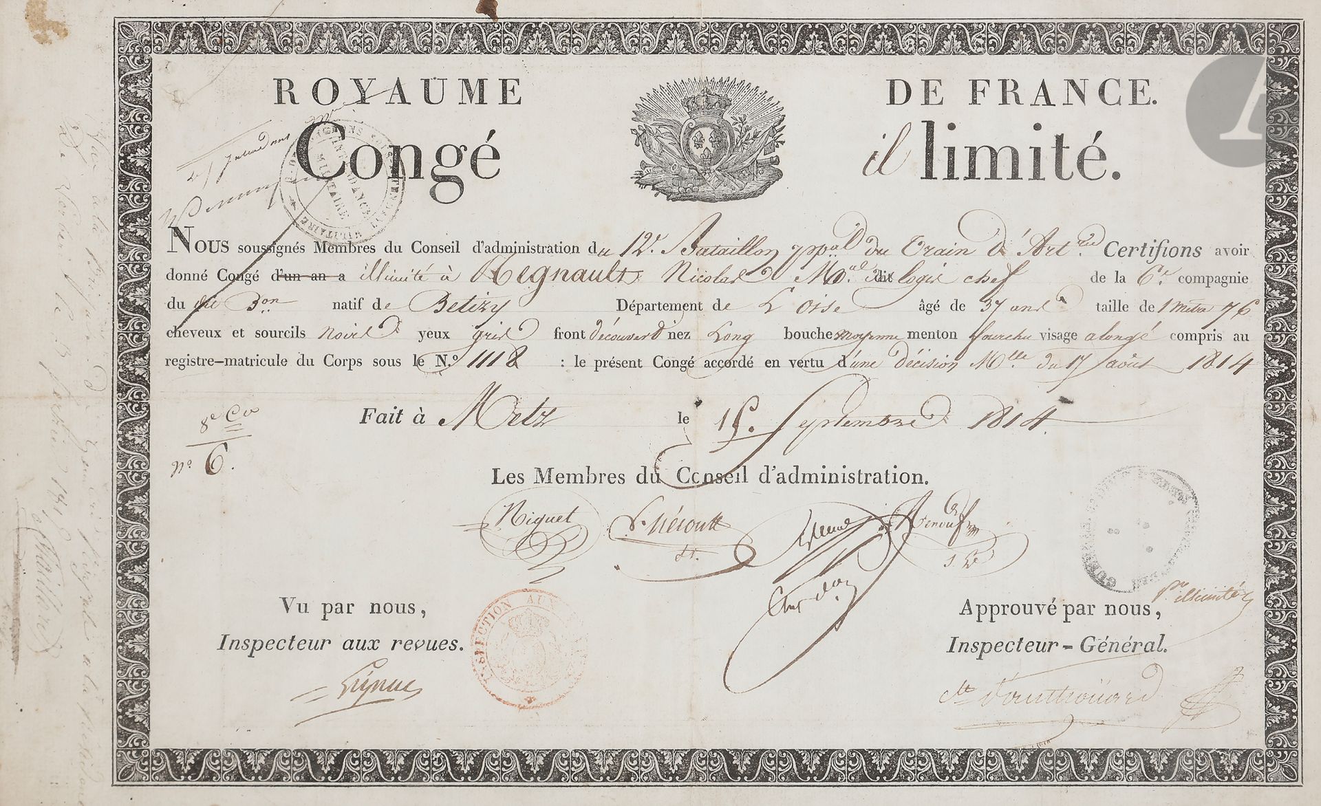 Null Congé illimité au nom de Nicolas Regnault, maréchal des logis du 12e batail&hellip;
