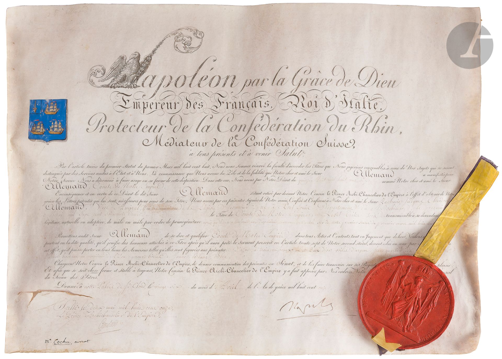 Null 专利证书
以海军副司令阿莱曼德的名义获得帝国伯爵的贵族身份。
牛皮纸上，左上角有自然的纹章根据
一千八百一十年八月十五日的法令，以扎卡里-雅克-泰奥多&hellip;