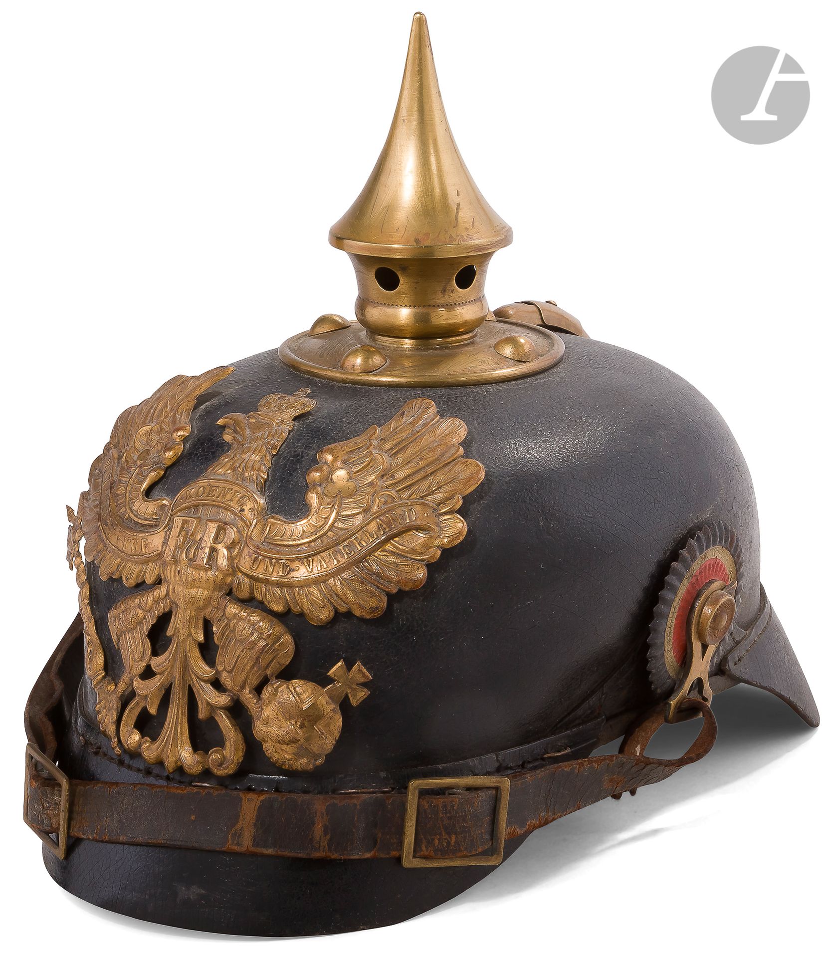 Null Preußischer Helm Modell 1895, mit
ledernem Kinnriemen. Teller mit Adler, Sp&hellip;
