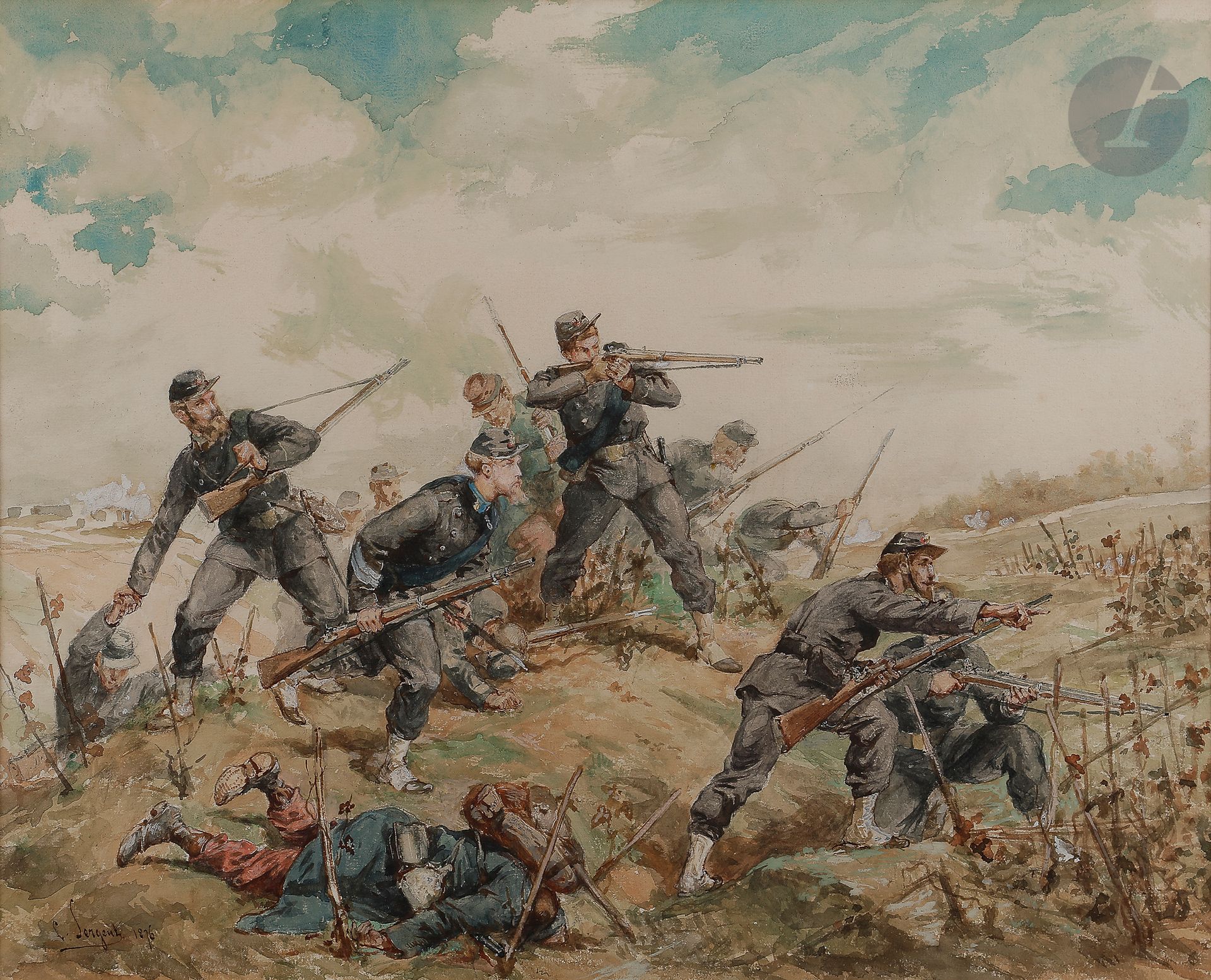 Null Lucien Pierre SERGENT (1849-1904
)海军陆战队步兵在突击中。1870年的战争水彩画
，签名和日期为 "1876"。
3&hellip;