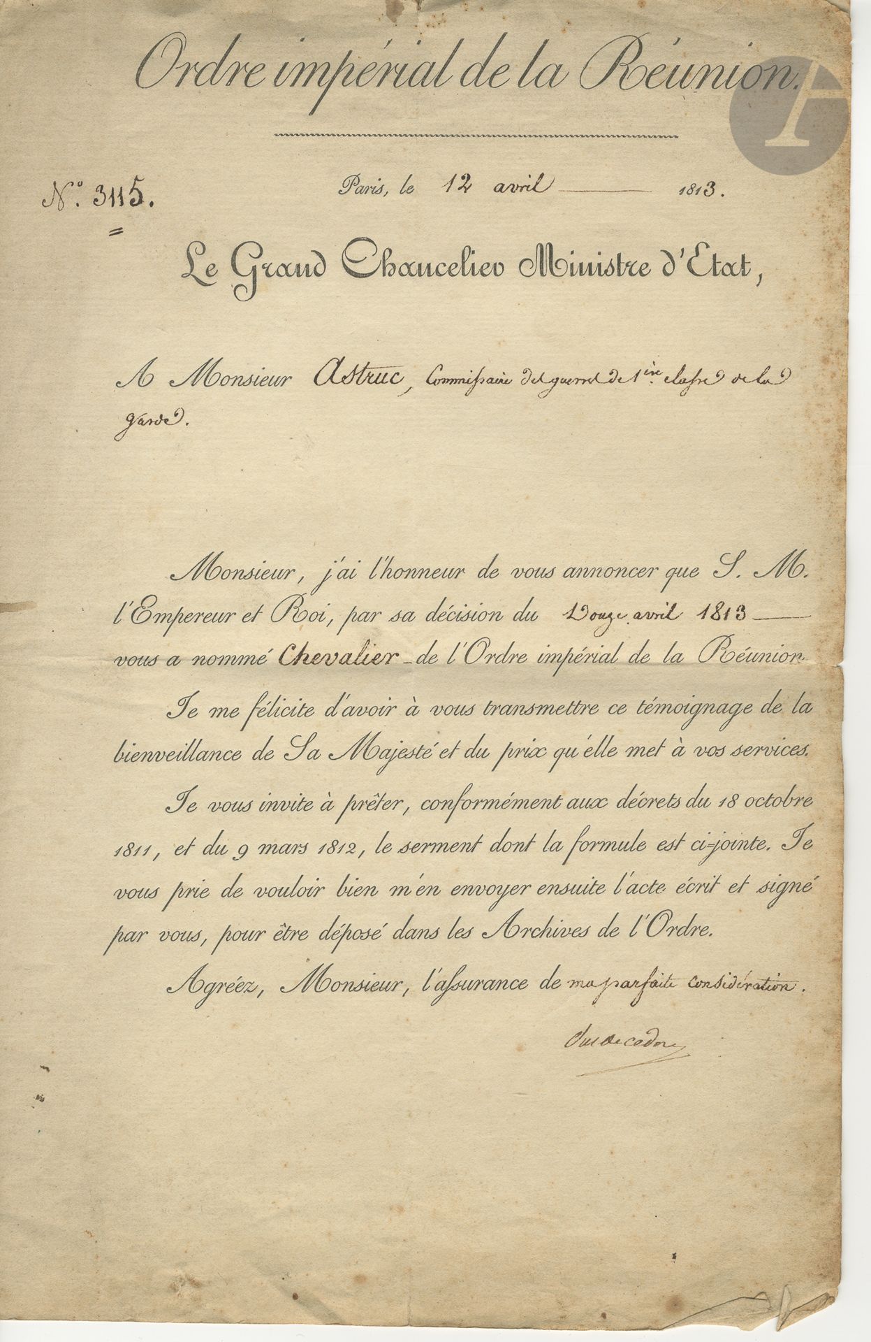 Null Avis de nomination de chevalier de l’Ordre Impérial de la Réunion au nom de&hellip;