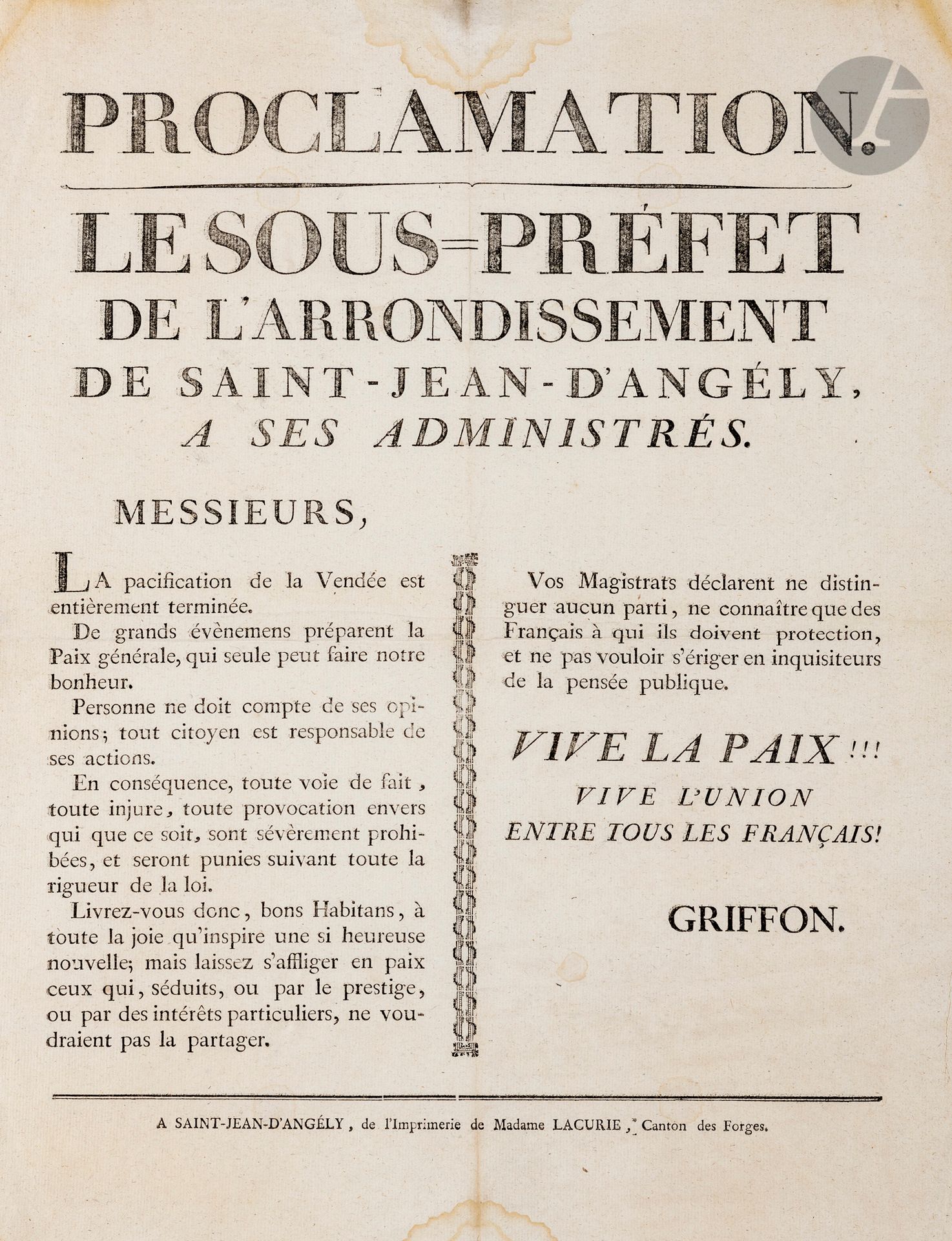 Null CHARENTE-INFÉRIEURE. 17 affiches, 1793-1830, impr. De Saintes, Saint-Jean d&hellip;