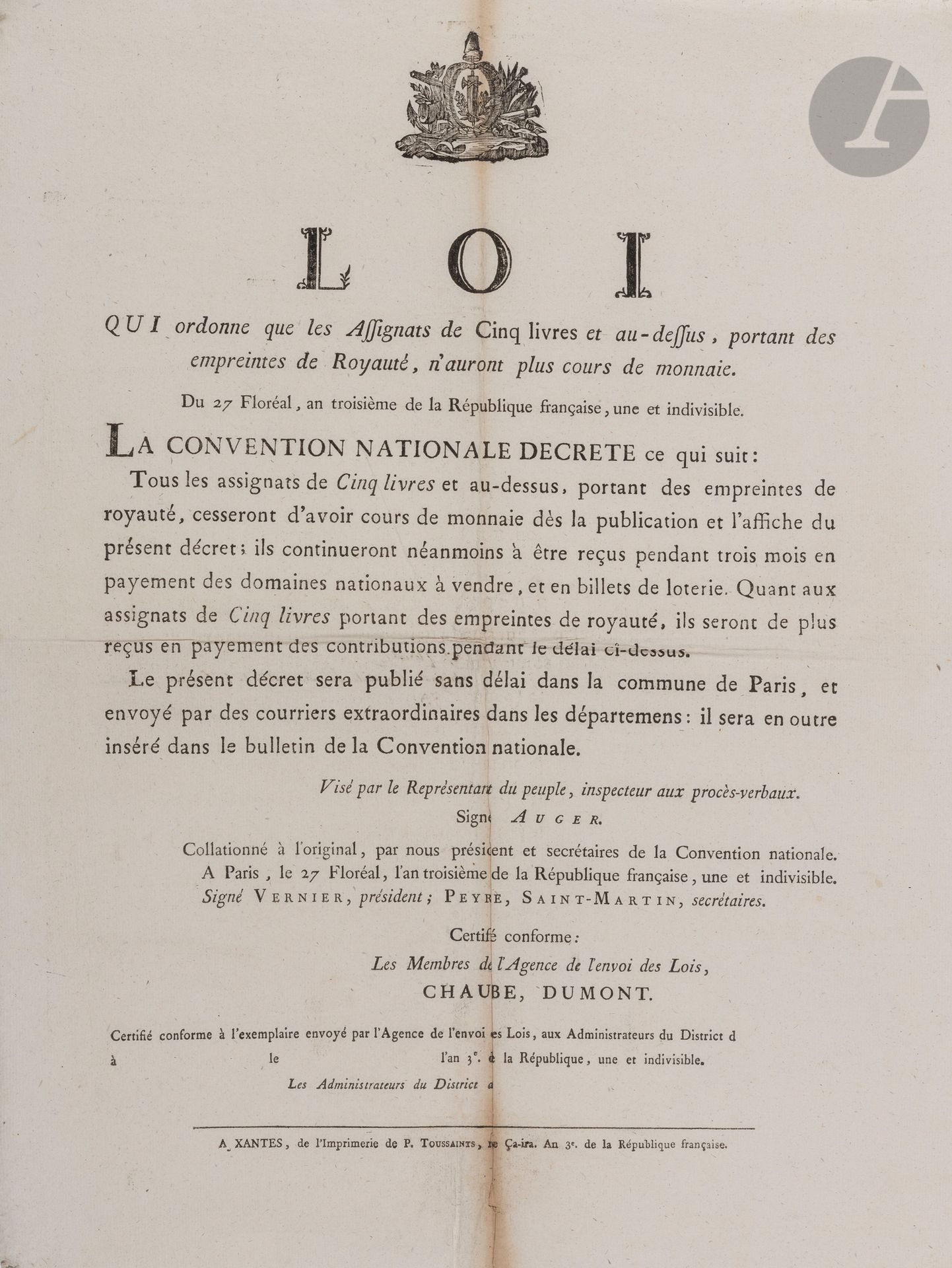 Null ASSIGNATS ET MONNAIES. 9 affiches, 1791-1803, imprimées à Saintes ; in-fol.&hellip;