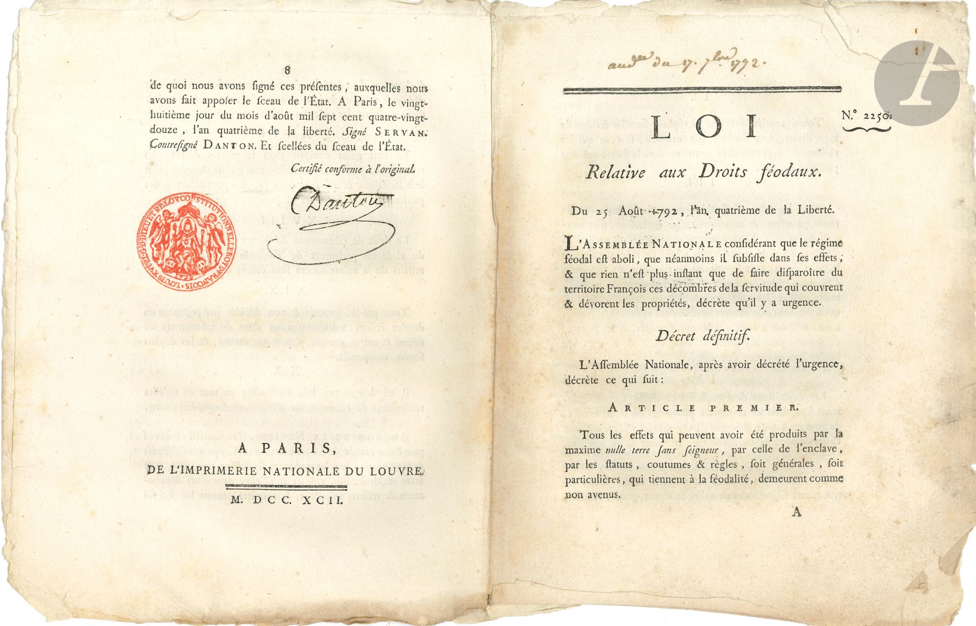 Null DROITS FÉODAUX. 6 pièces imprimées, 1790-1792 ; impr. De Paris (une de Sain&hellip;