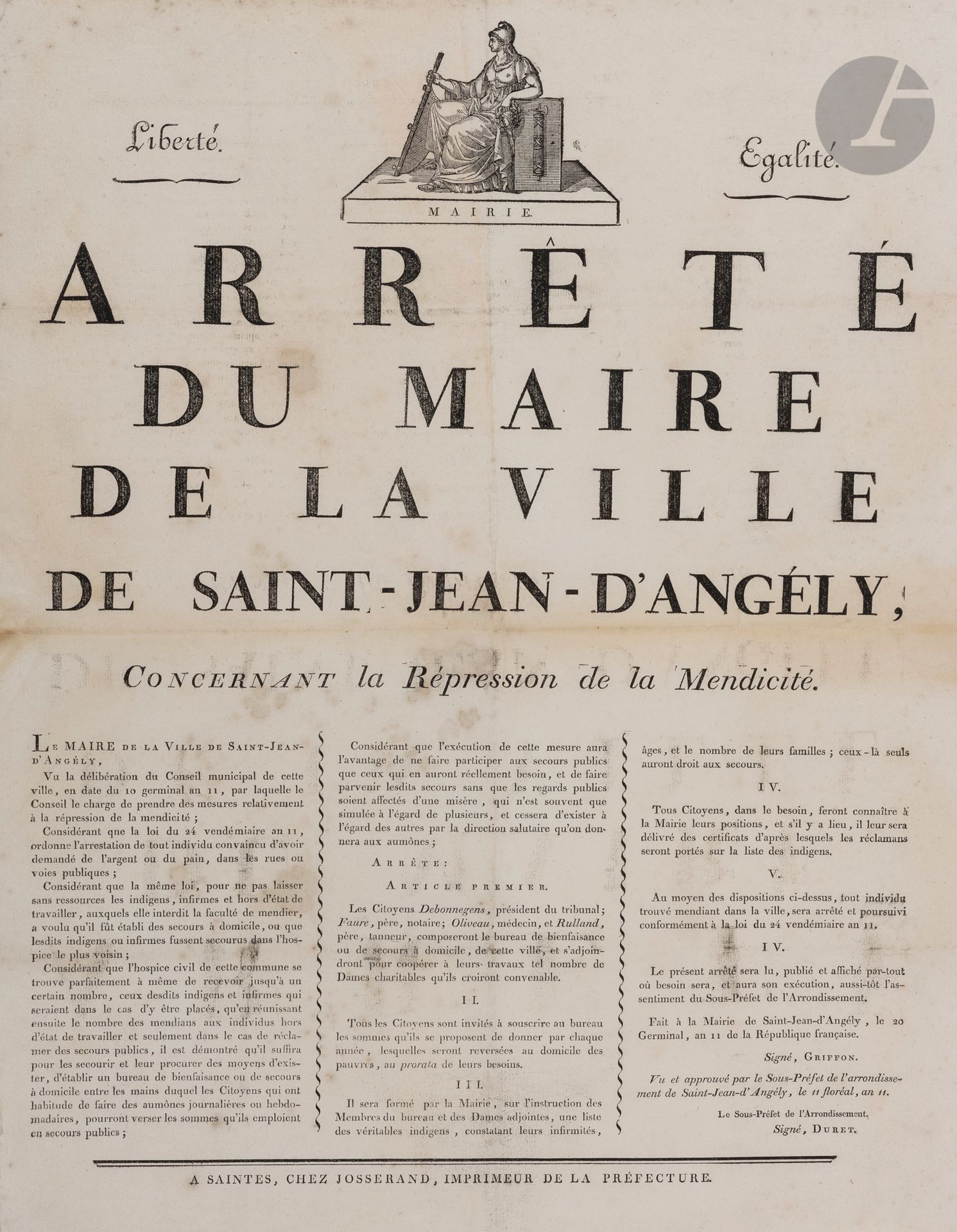 Null CHARENTE-INFÉRIEURE. 12 affiches, 1794-1865, impr. De Saintes, La Rochelle &hellip;
