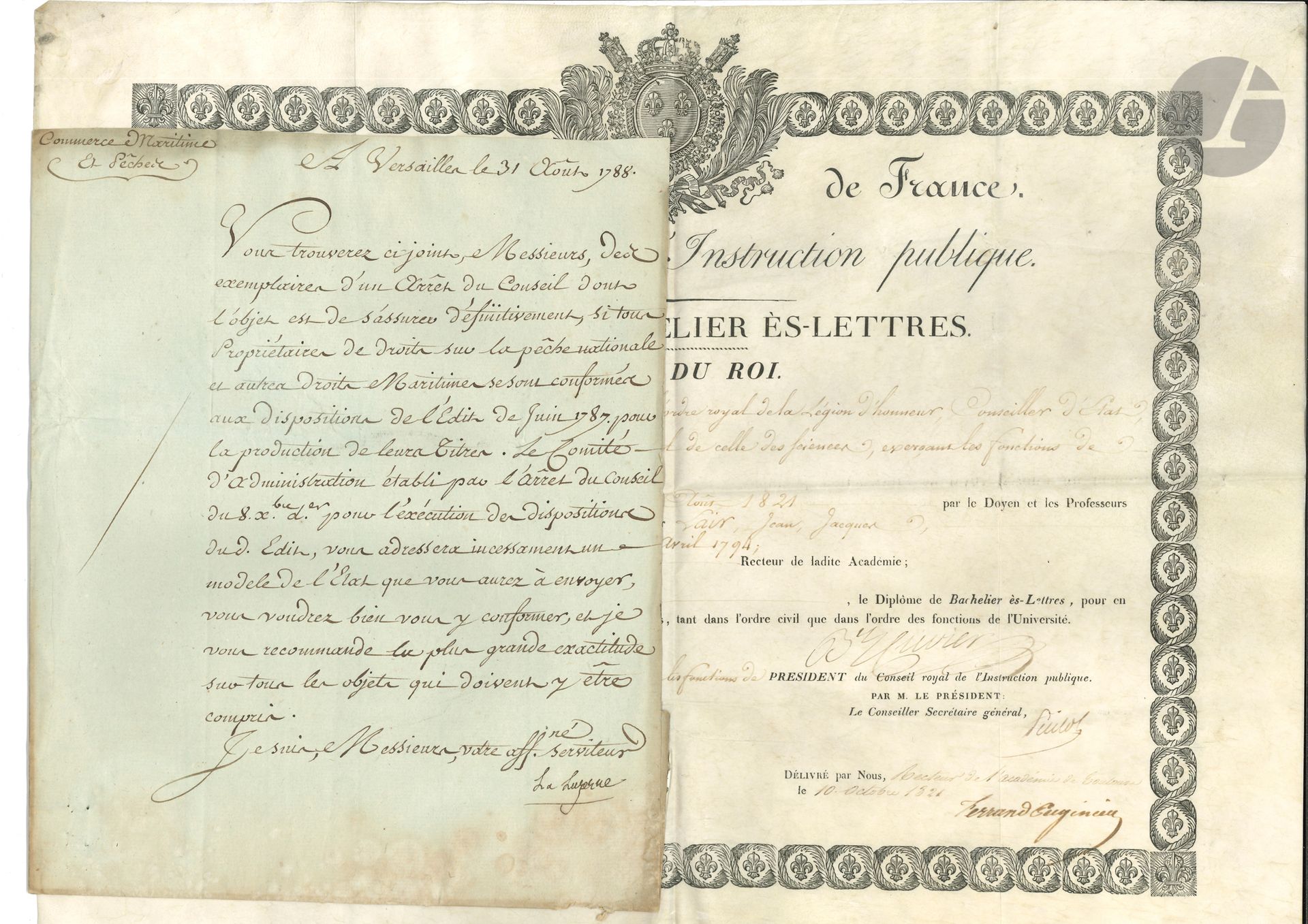 Null DIVERS. 5 lettres ou pièces, 1788-1909.
César-Henri de La Luzerne (1788, su&hellip;