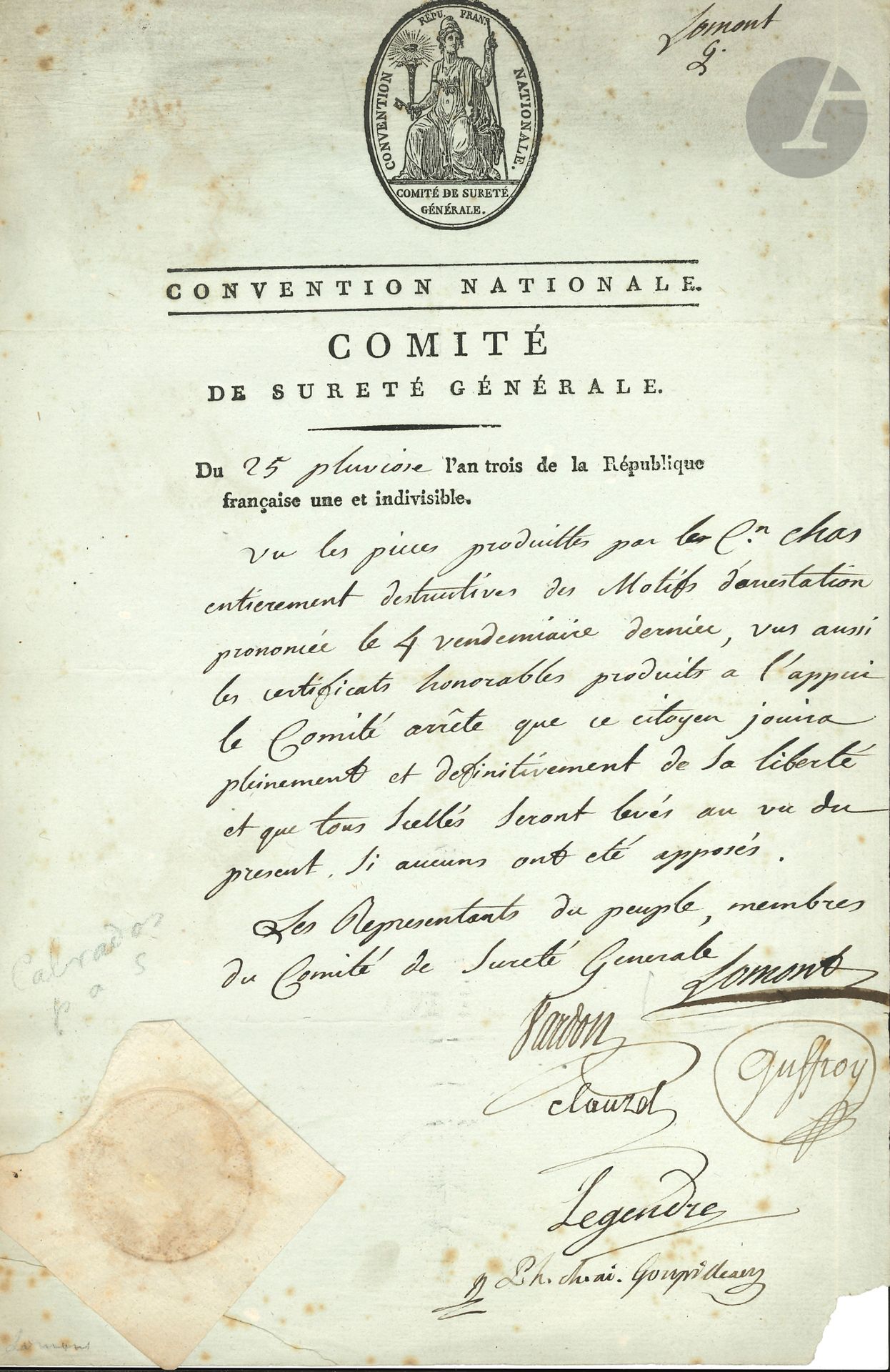 Null cOMITé DE SÛRETÉ GÉNÉRALE. 2 P.S., 1795 ; 1 page in-fol. Chaque à en-tête d&hellip;