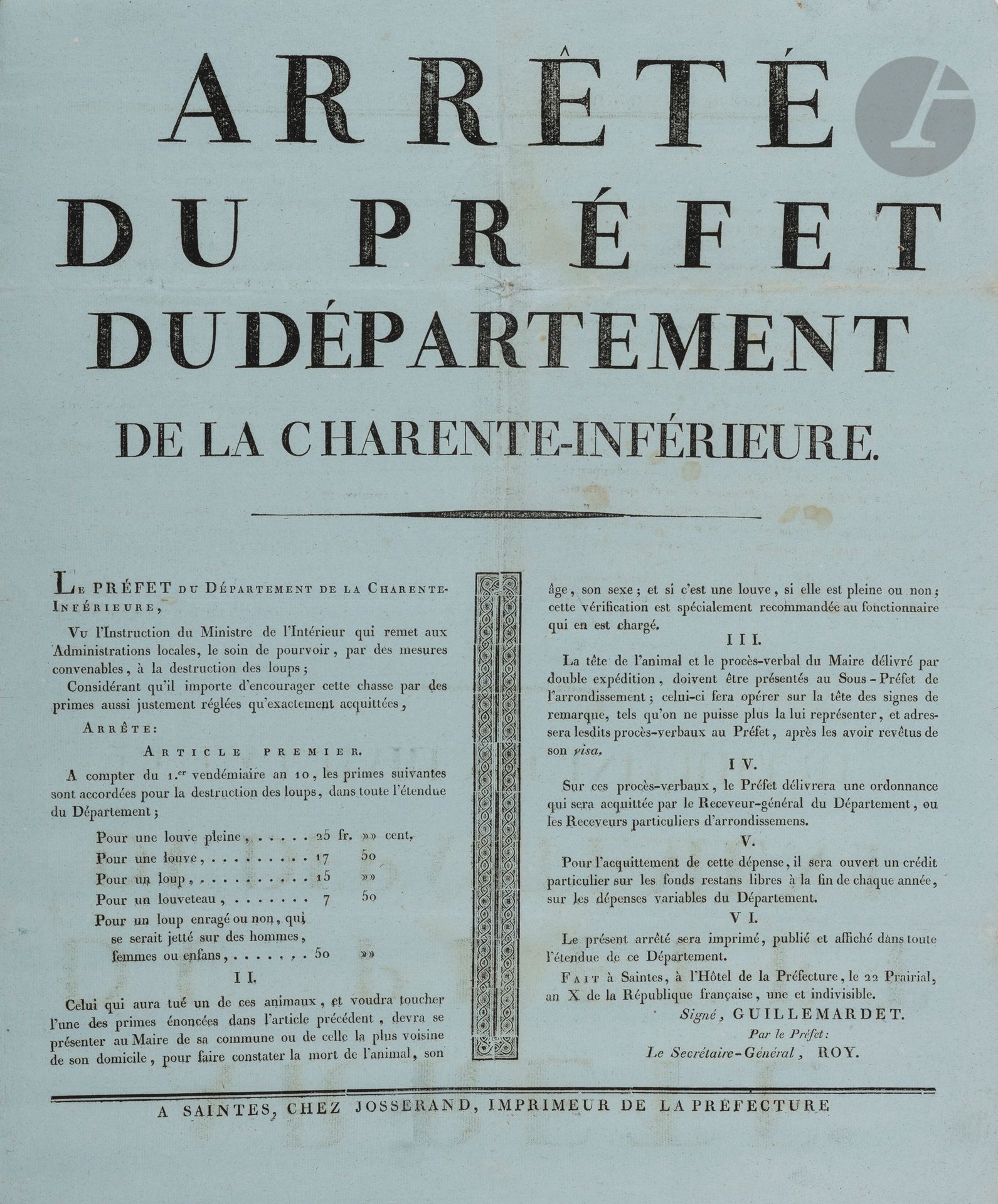 Null AGRICULTURE, CHASSE et FORÊTS. 9 affiches, 1793-1815, impr. De Saintes (1 d&hellip;