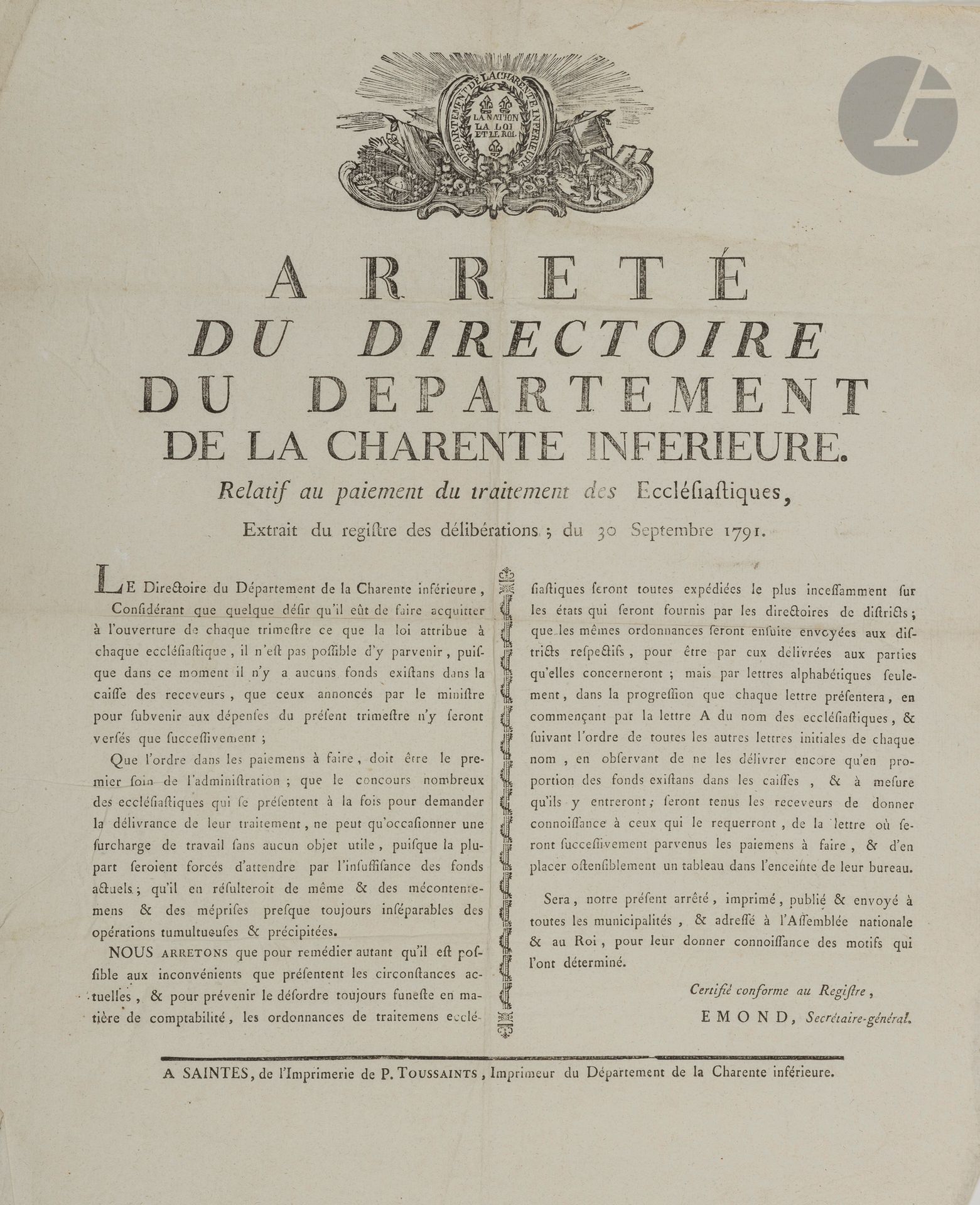 Null CLERGÉ. 10 affiches, 1790-1802, impr. De Saintes ; formats divers (qqs défa&hellip;