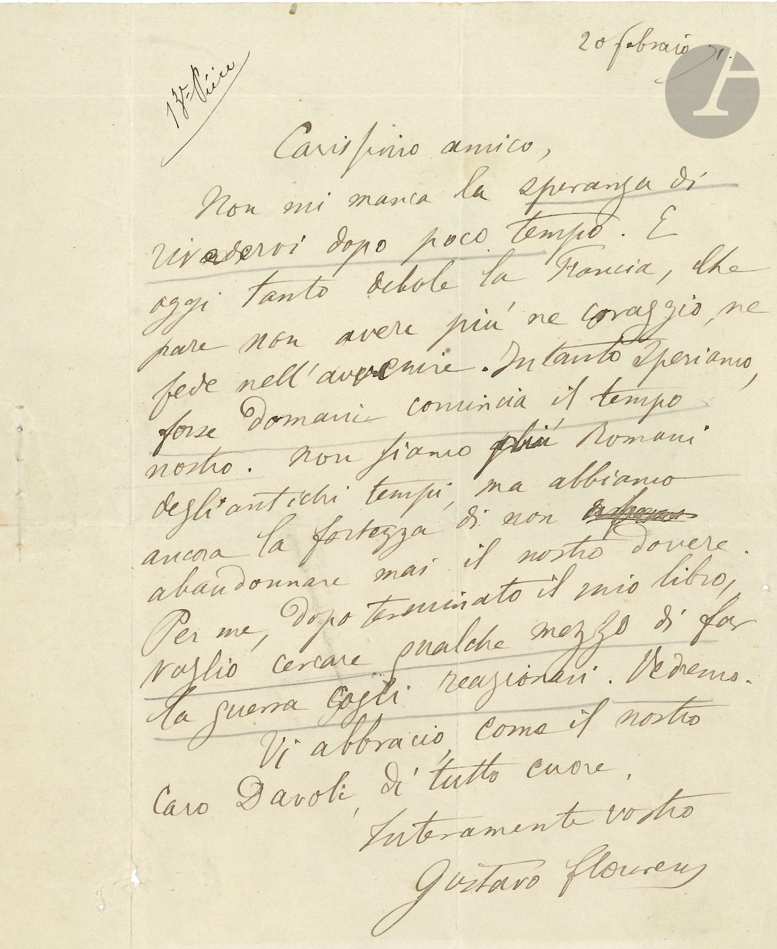 Null Gustave FLOURENS. L.A.S., 20 février 1871, à un ami [probablement Amilcare &hellip;