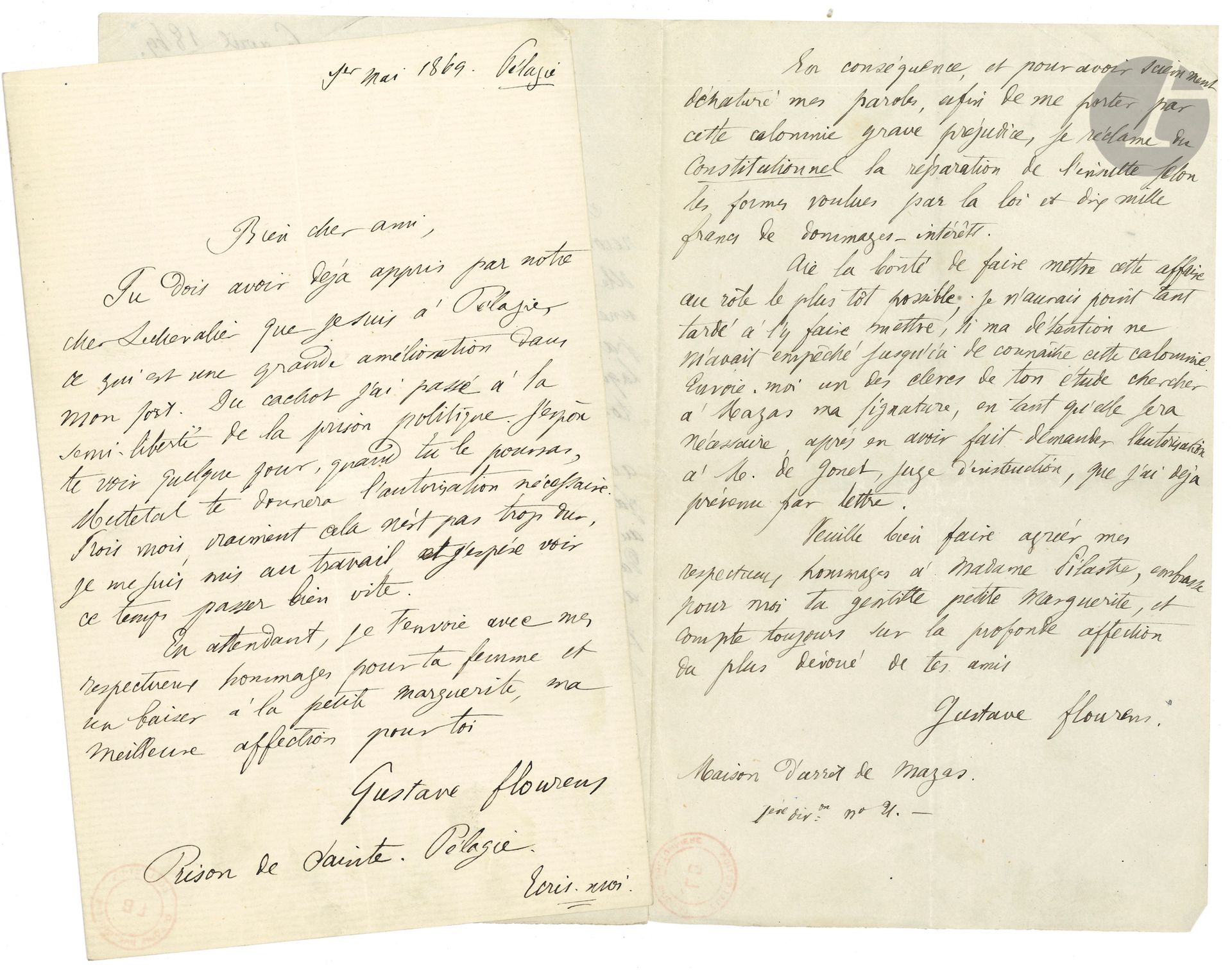 Null Gustave FLOURENS. 2 L.A.S., avril-mai 1869, à son ami l’avoué Édouard Pilas&hellip;