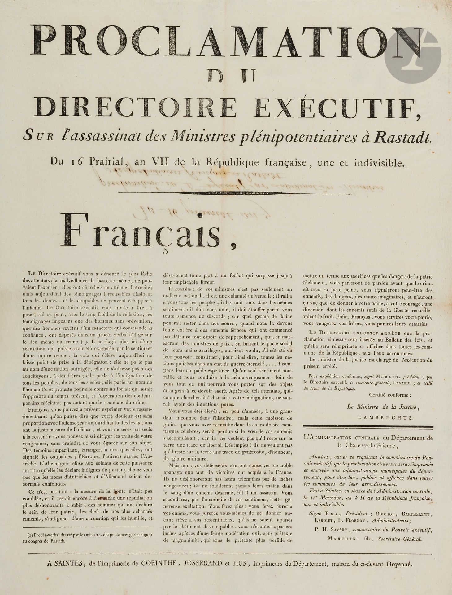 Null DIRECTOIRE et CONSULAT. 22 affiches, 1795-1802, impr. De Saintes ; formats &hellip;