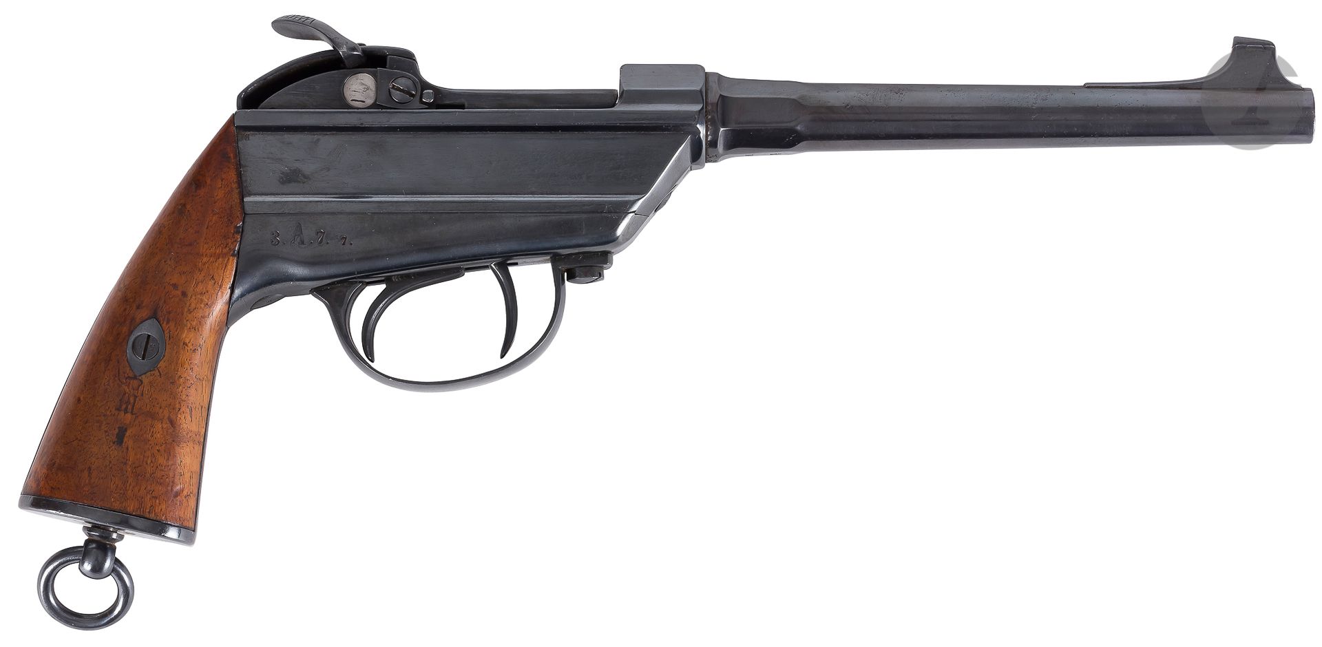 Null 巴伐利亚手枪 "Werder "1869型，中央打击乐器，口径11.15毫米

圆桶，两侧有雷同，打孔。

框架上印有 "3.A.7.7"。胡桃木枪托&hellip;