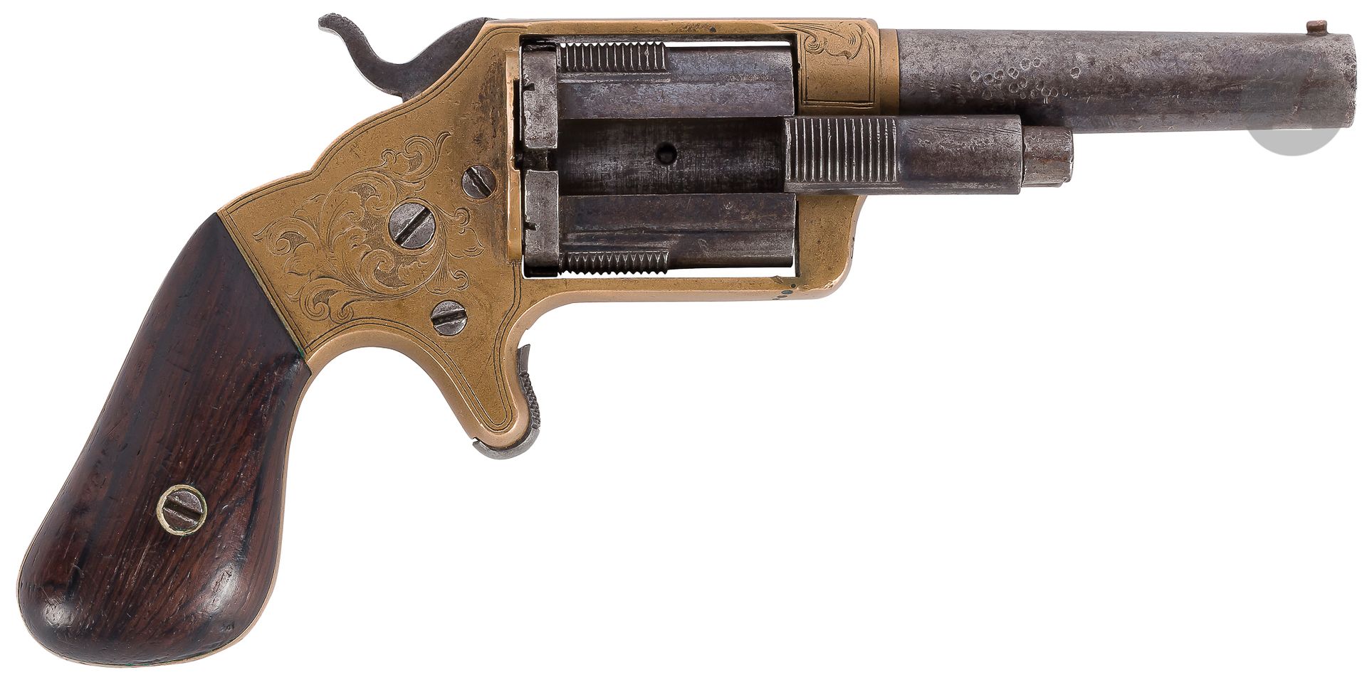 Null 布鲁克林火器公司 "斯洛克 "左轮手枪，五连发，32口径环形火力，单动。

"3英寸（7.6厘米）的圆形膛线枪管，标有 "BA公司1863年4月14日&hellip;