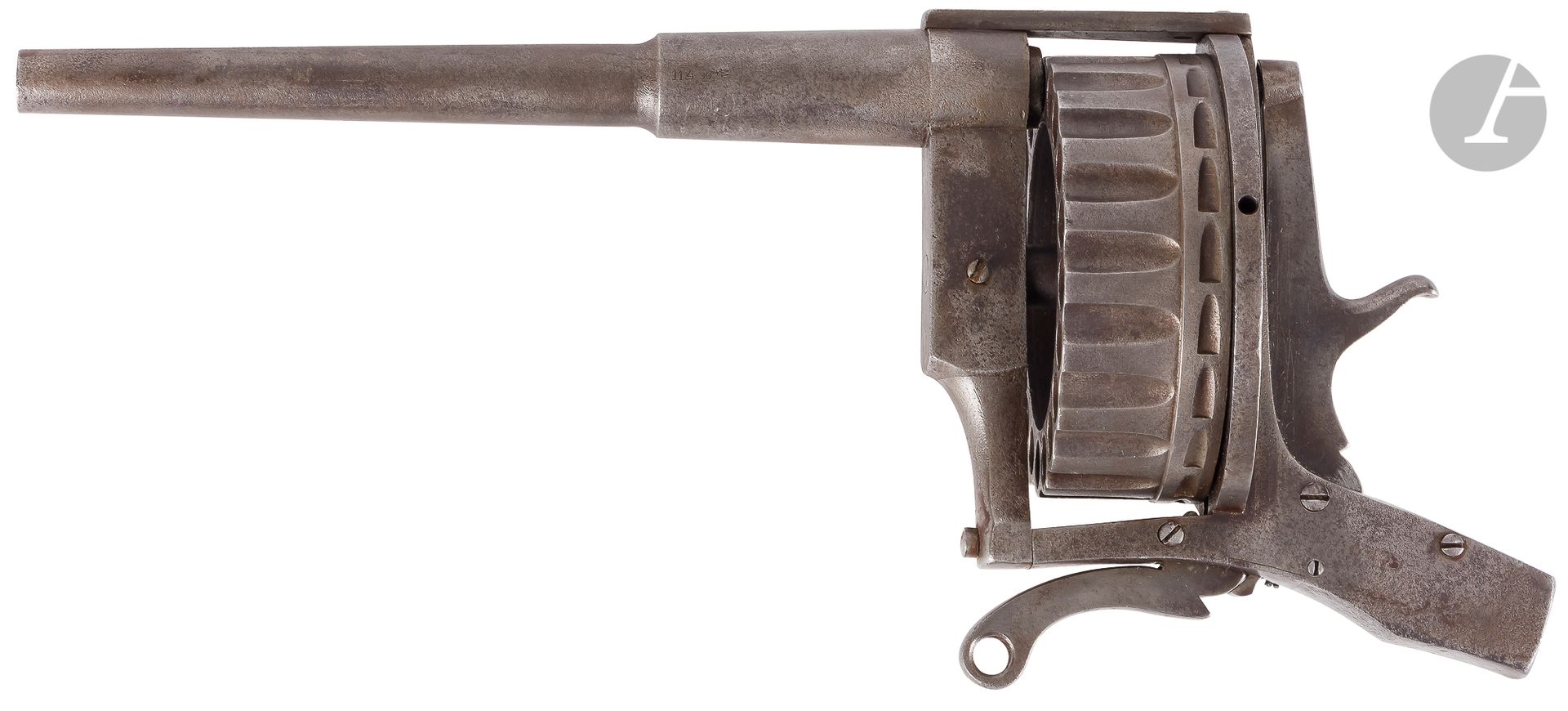 Null Raro revolver da barca a 20 colpi a fuoco centrale, calibro 11 mm

Lunga ca&hellip;