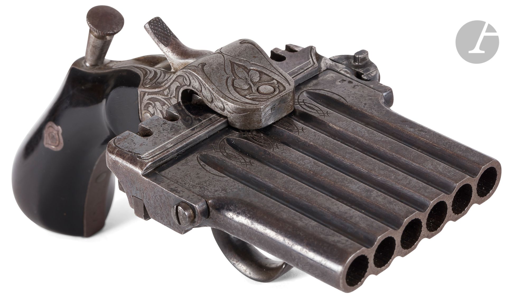 Null 带有 "Jarre "系统的手枪，带有销子，属于

第1式DIT "活塞式哈姆雷特"，6支枪，口径7毫米

一排六根枪管，镂空，发蓝，印有 "A.JA&hellip;