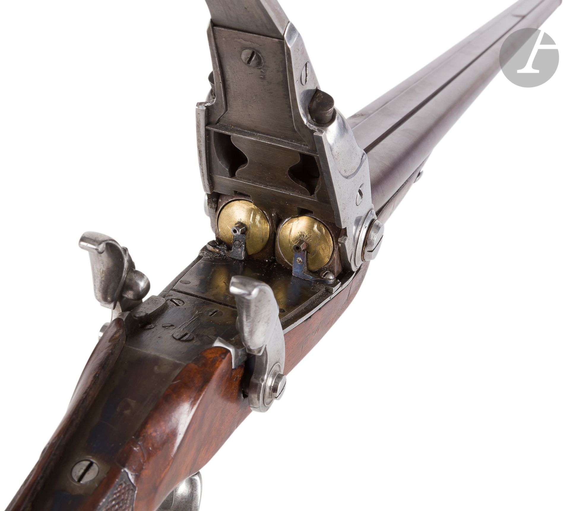Null 双筒猎枪，打击式系统Pauly改装，口径15.60毫米左右。

桌子上的圆桶，丝带，大马，烟草的颜色，75厘米。保利式的后座，通过升力杆打开。扁平体的&hellip;