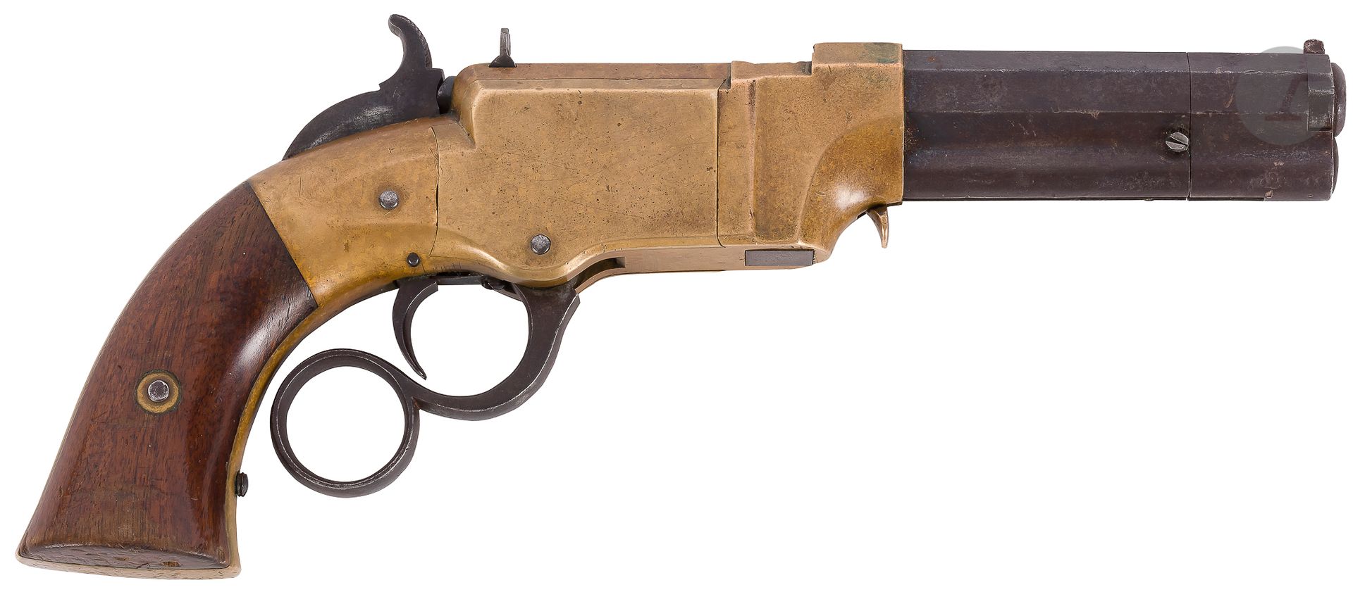 Null 杠杆动作N°1袖珍手枪 "火山，口径31单动。

9.2厘米的膛线枪管，标有 "NEW HAVEN CONN PATENT FEB 14 1854"。&hellip;