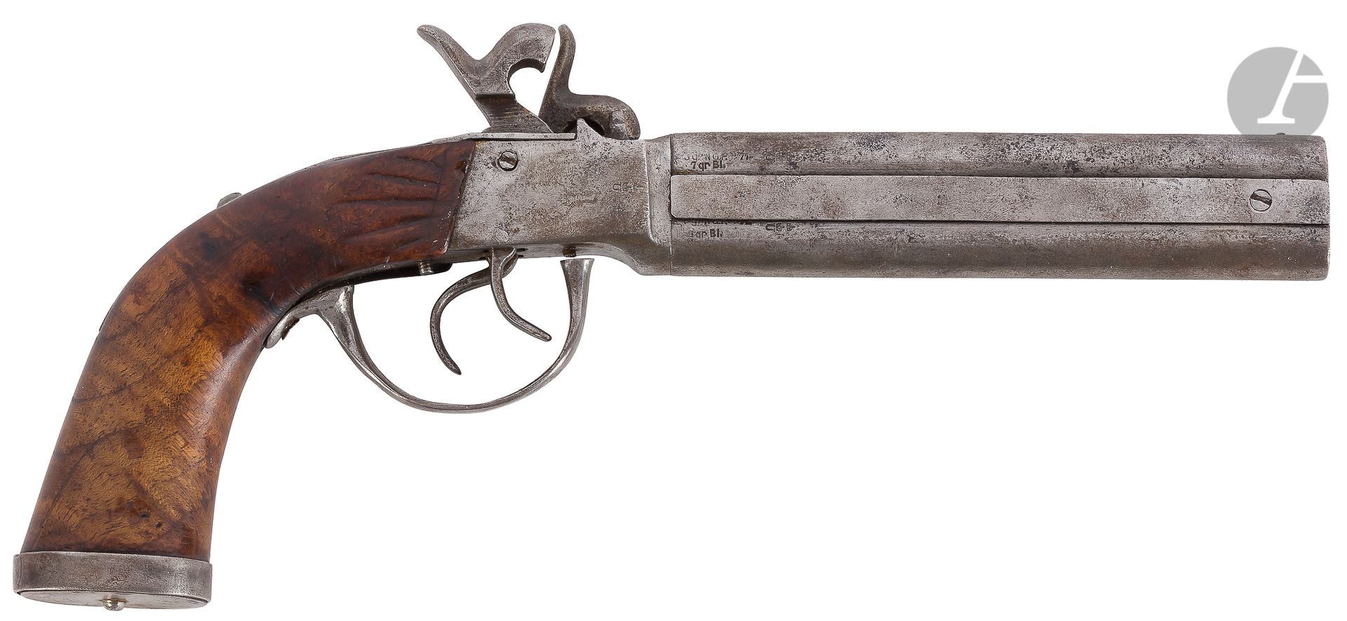 Null 德国双响炮手枪。

叠加和打孔的桶。普通情况下。扳机护圈下的触发器。

插在溺水的地方（裂缝）。

A.B.E.(Pitting)。大约1840年。