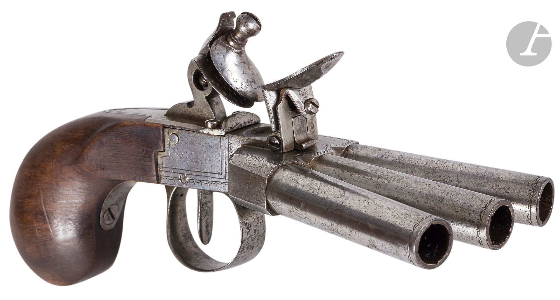 Null Flintlock box pistol with "duck foot" system, three shots.

Separate round &hellip;