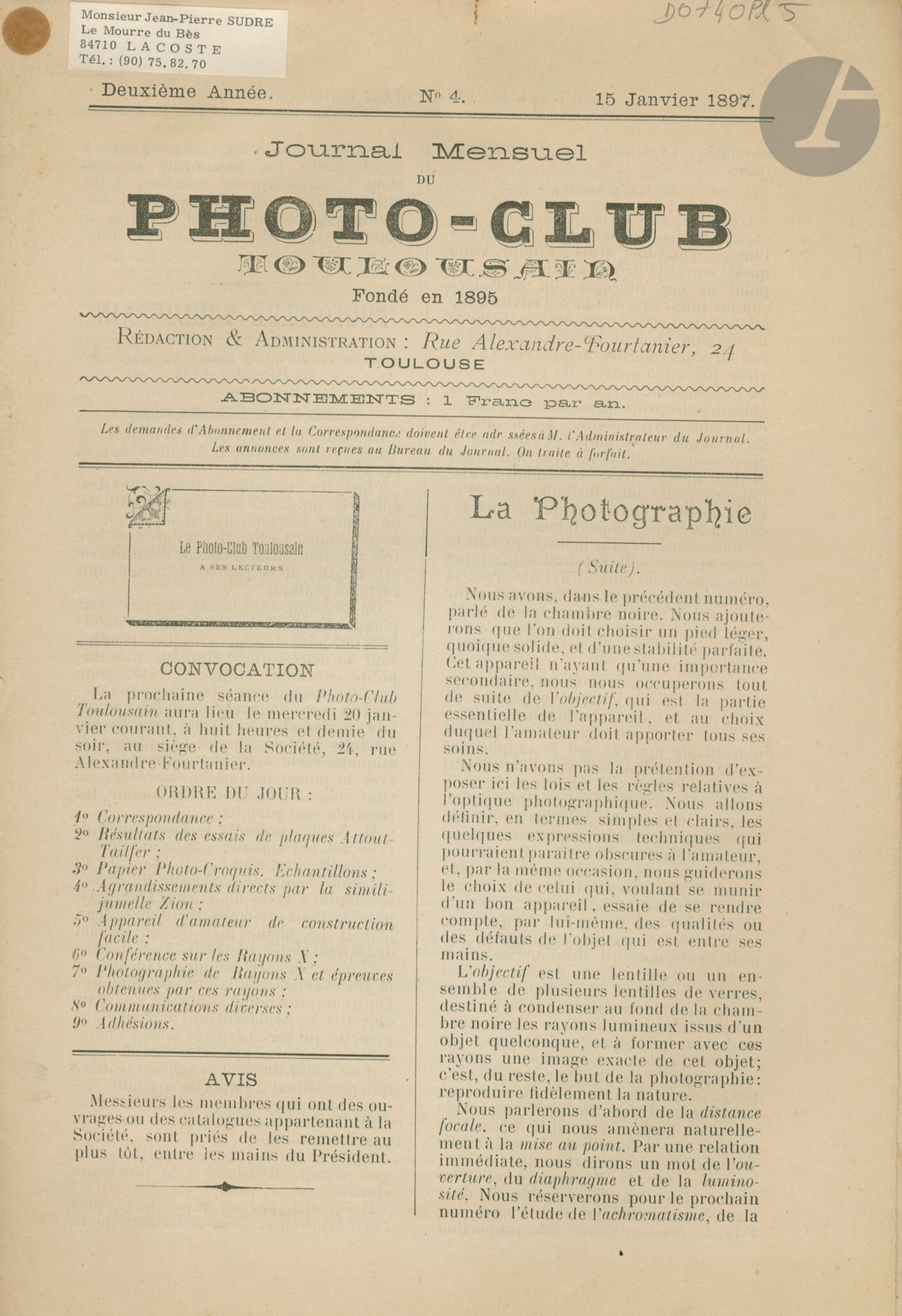 Null 图卢萨恩摄影俱乐部杂志》
1897/1914年45
期图卢萨恩摄影俱乐部

杂志

分册。


尺寸为28 x 18和24 x 16厘米。每期4至30&hellip;