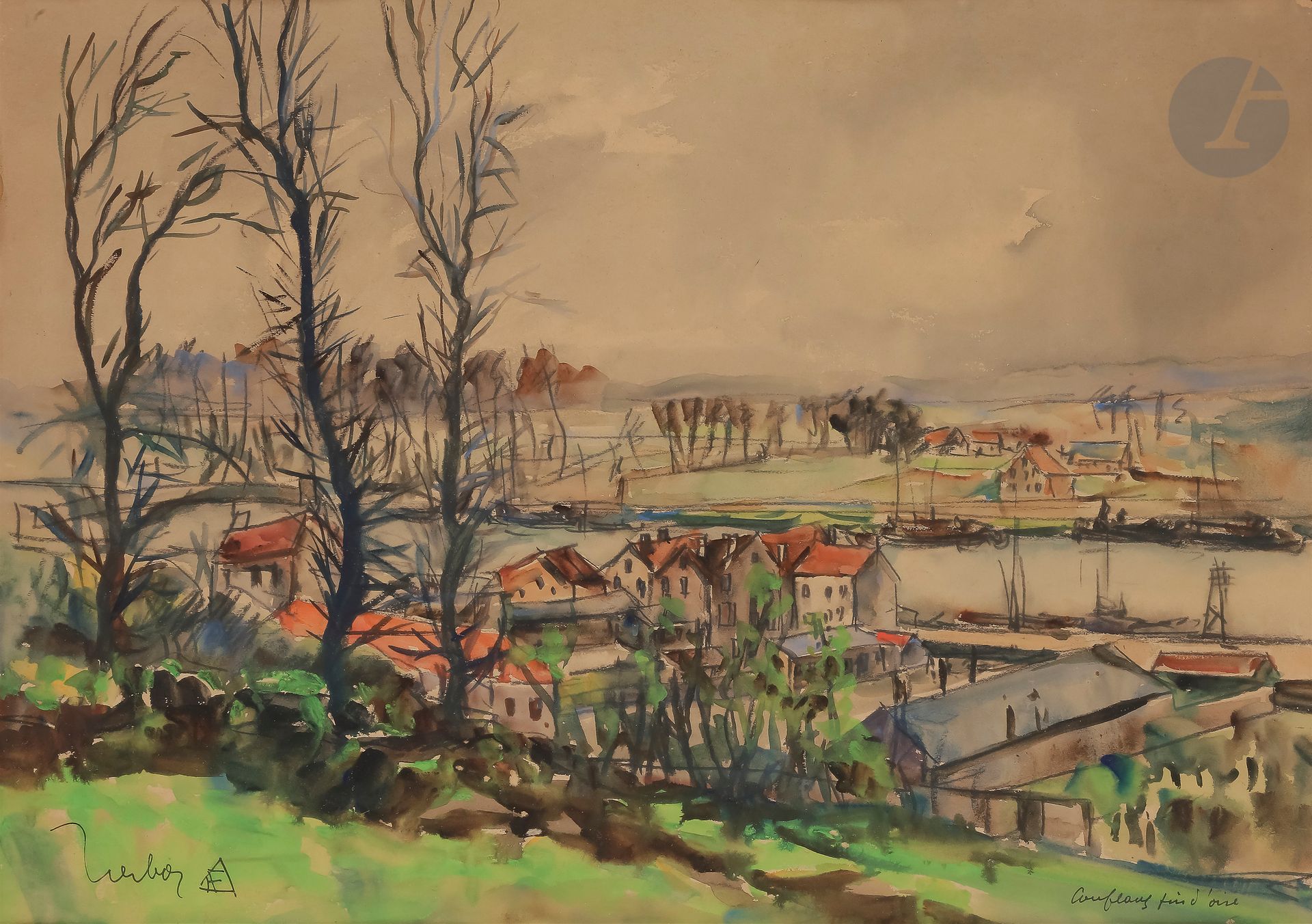 Null Fernand HERBO (1905-1995)
Paysage à Conflans-Fin-d'Oise
Aquarelle.
Signée e&hellip;