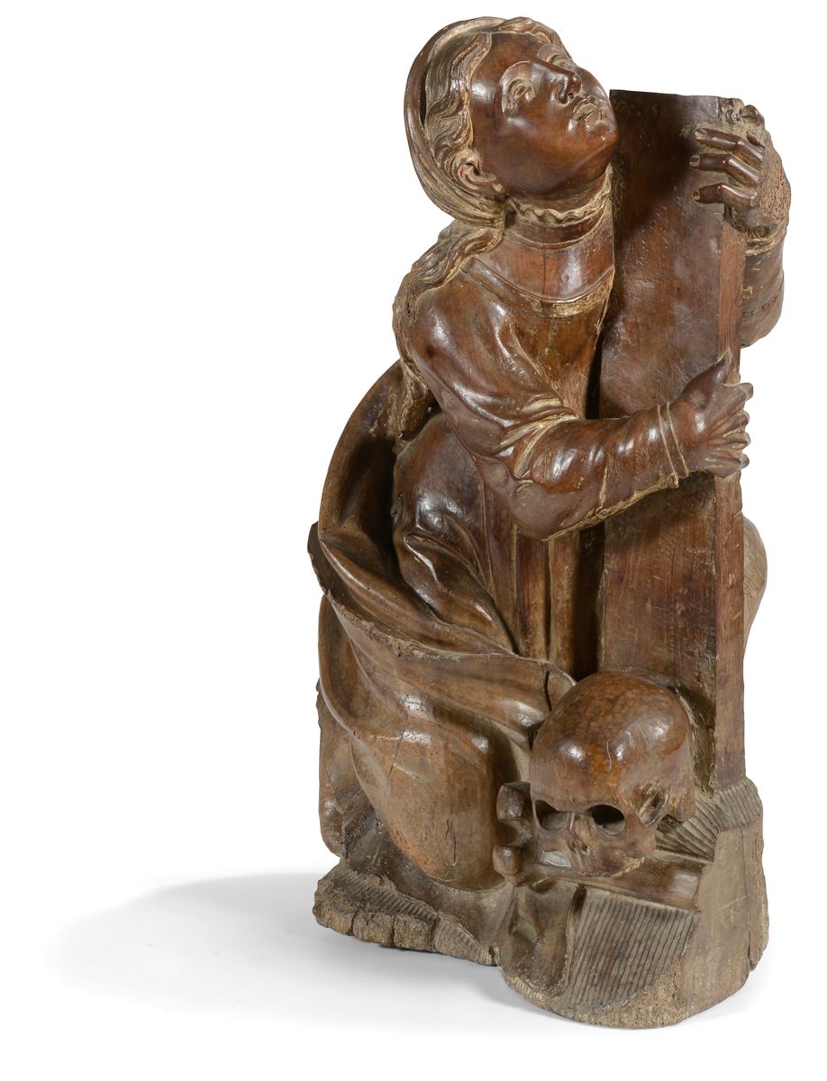 Null 罗纳河谷，约1600年圣
母玛利亚在单氧核桃木上雕刻，背部
有粗糙的痕迹。
圣人抬头跪着，用两只手紧紧抓住十字架的脚；一个头骨放在小腿上，让我们想起髑&hellip;