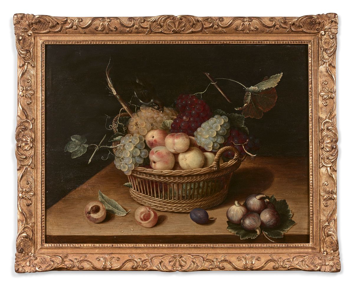 Null 德国学校约1630年，彼得-
比诺伊特
的随行人员

夹板
上的水果篮
橡木
板
，四块板，加固47
.5 x 63.5厘米
（升降机和旧修复）
我们&hellip;