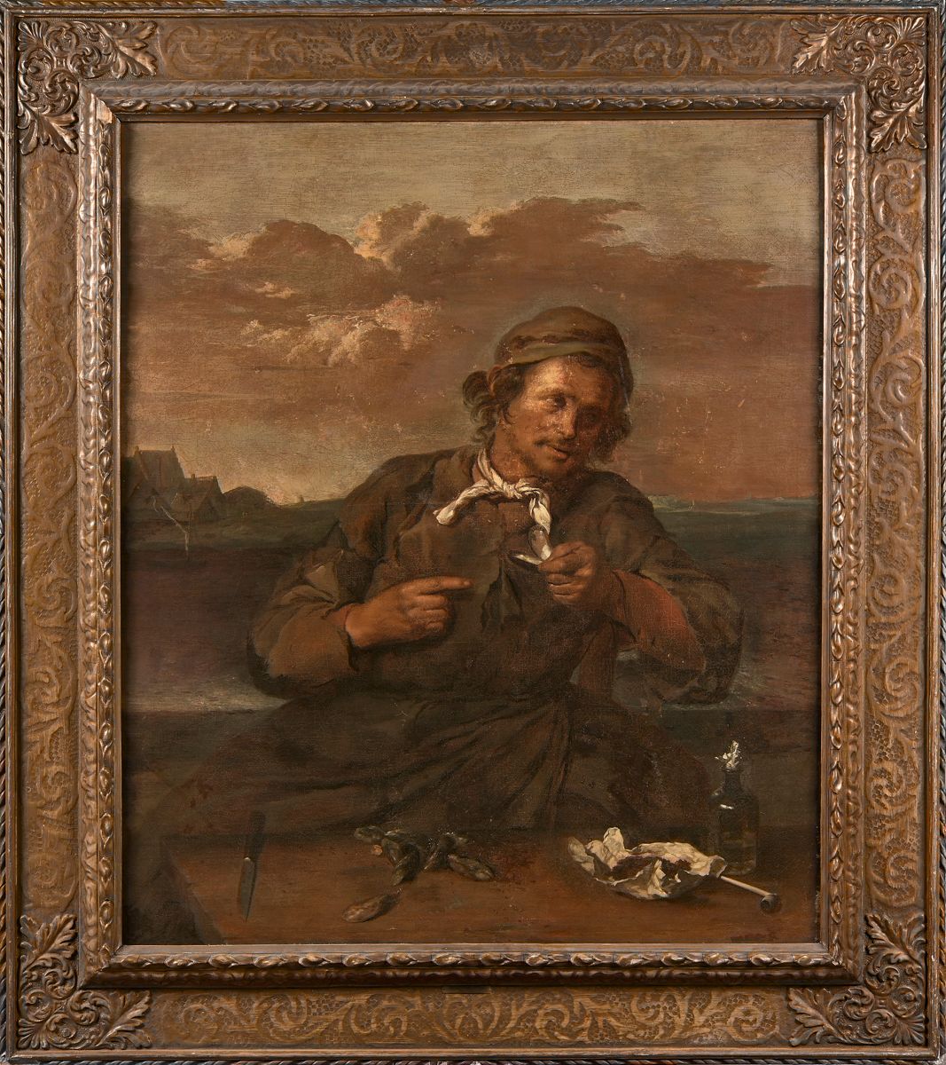 Null 17世纪荷兰学校，弗兰斯-哈尔斯的随行人员《
吃贻贝的人》帆布114

x 96厘米
（修复



）。