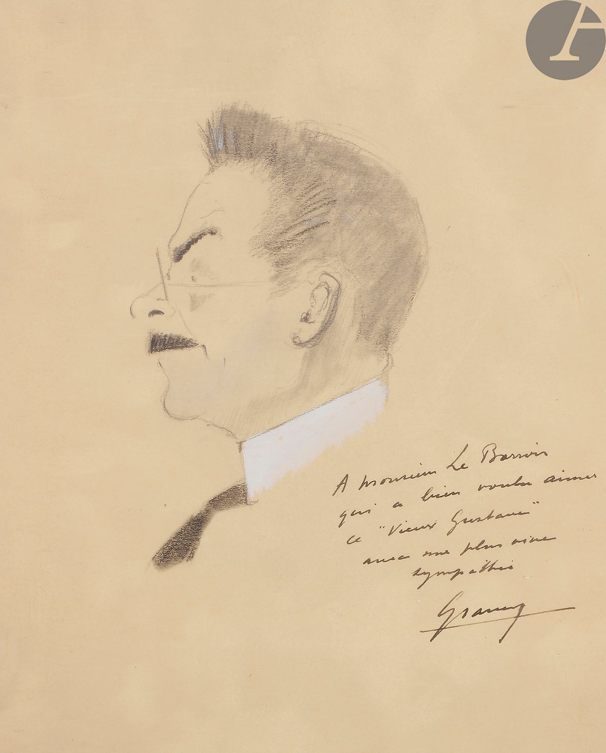 Null 费尔南-格拉维（1905-1970）。自画像；油性铅笔和水粉画增强；23.5 x 19厘米的视图（带框架）。

穿着角色的侧面自画像，有亲笔签名的献词&hellip;