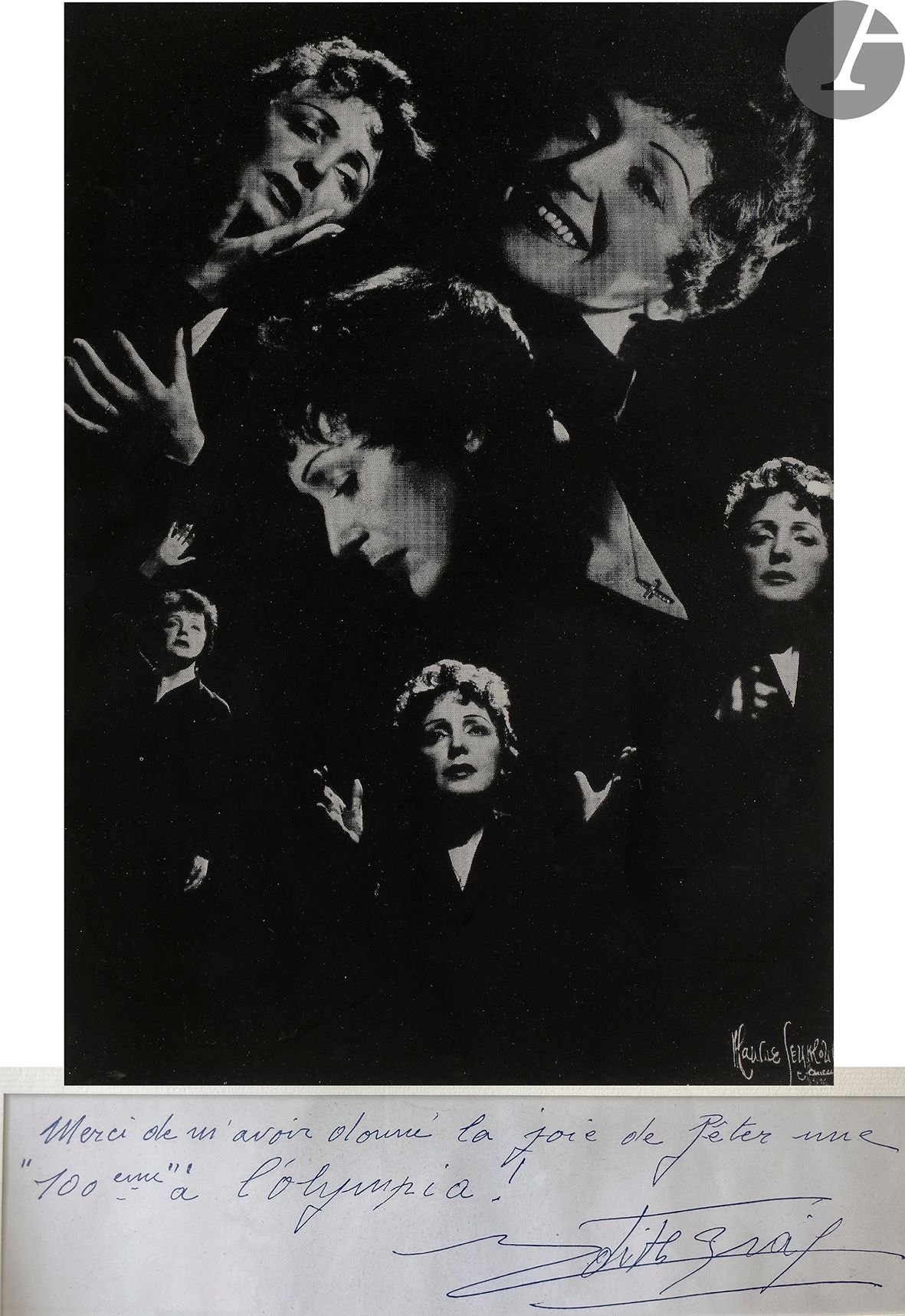 Null Edith PIAF (1915-1963). P.A.S.; 1 oblong page in-12 under a photograph (cou&hellip;