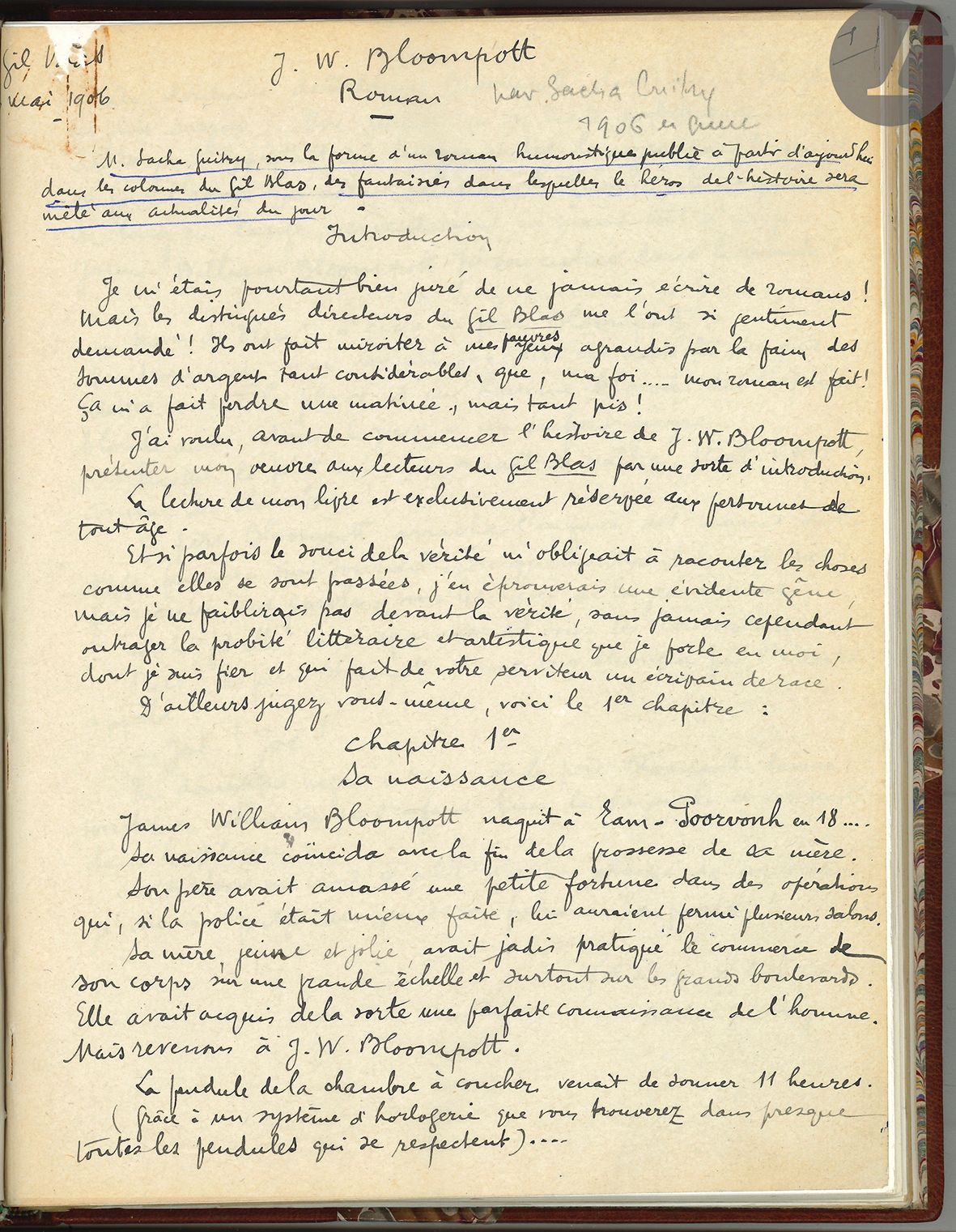 Null Sacha GUITRY (1885-1957). Manuskript (altes Exemplar), J.W. Bloompott, Roma&hellip;