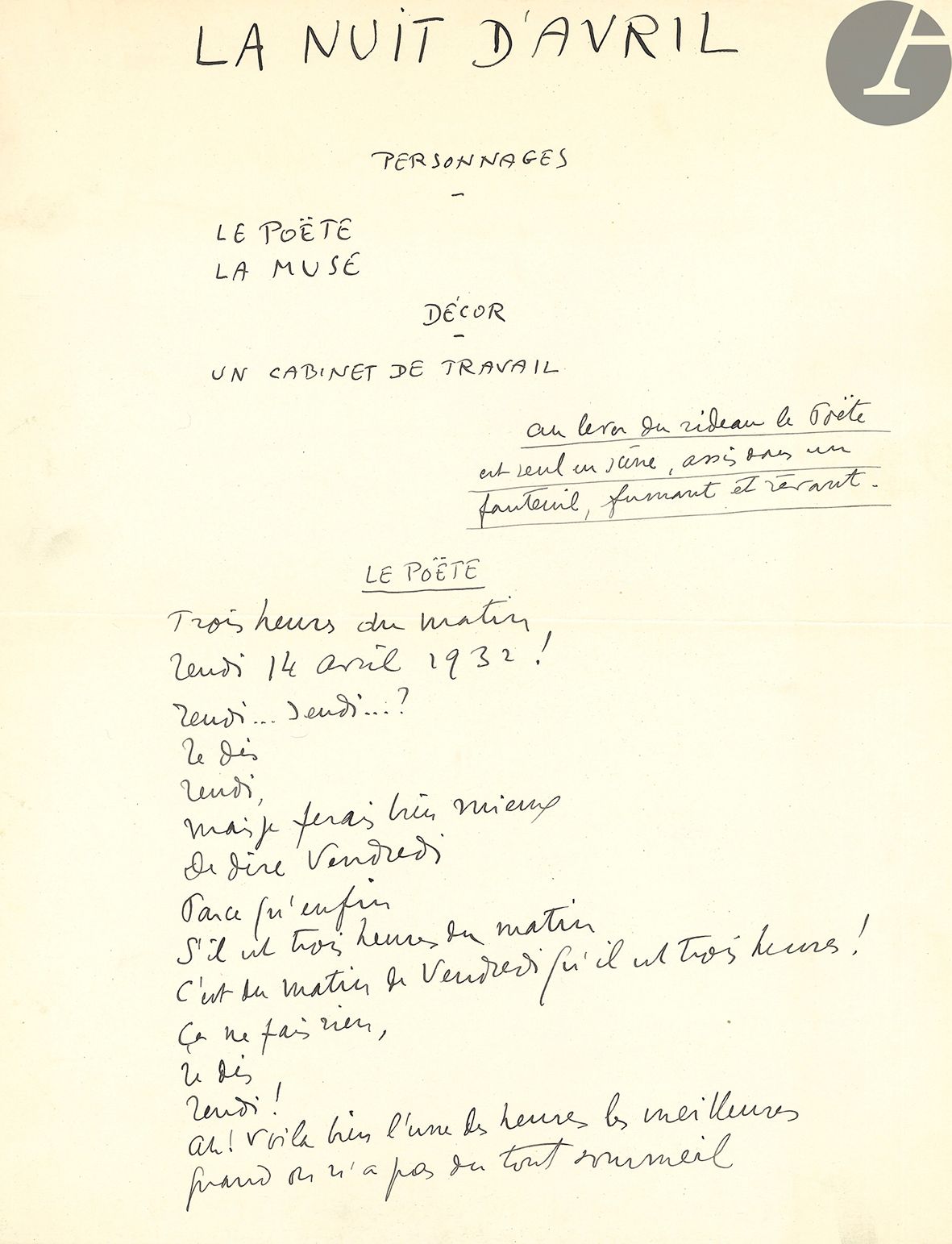 Null 萨沙-吉特里（1885-1957）。亲笔手稿，La Nuit d'avril, [1932]; 4页，大四开（35 x 27 cm）。

La Nui&hellip;