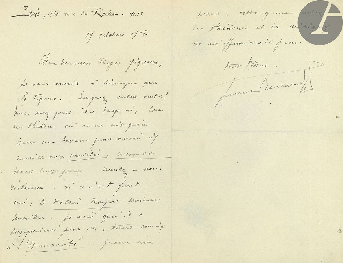 Null Jules RENARD (1864-1910). L.A.S., Paris 19 October 1907, to Régis Gignoux; &hellip;