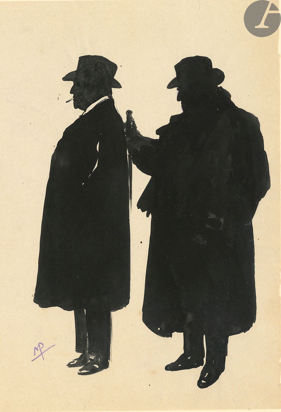 Null [Sacha GUITRY]。莫里斯-佩伦内（1877-1950）。吕西安和萨沙-吉特里。印度水墨画，左下角署名 "MP"。

吕西安-吉特里的影子，&hellip;