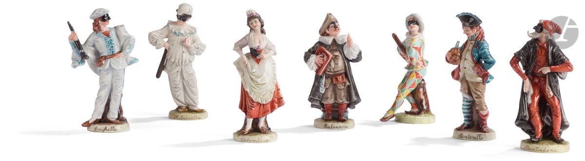Null Set of seven porcelain statuettes representing commedia dell'arte figures s&hellip;