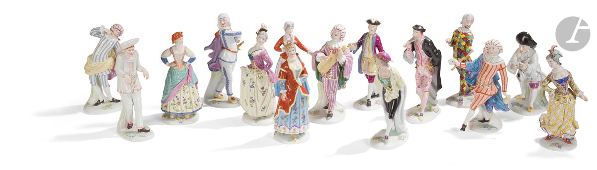 Null FurstenbergSet of
fifteen porcelain statuettes representing commedia dell'a&hellip;