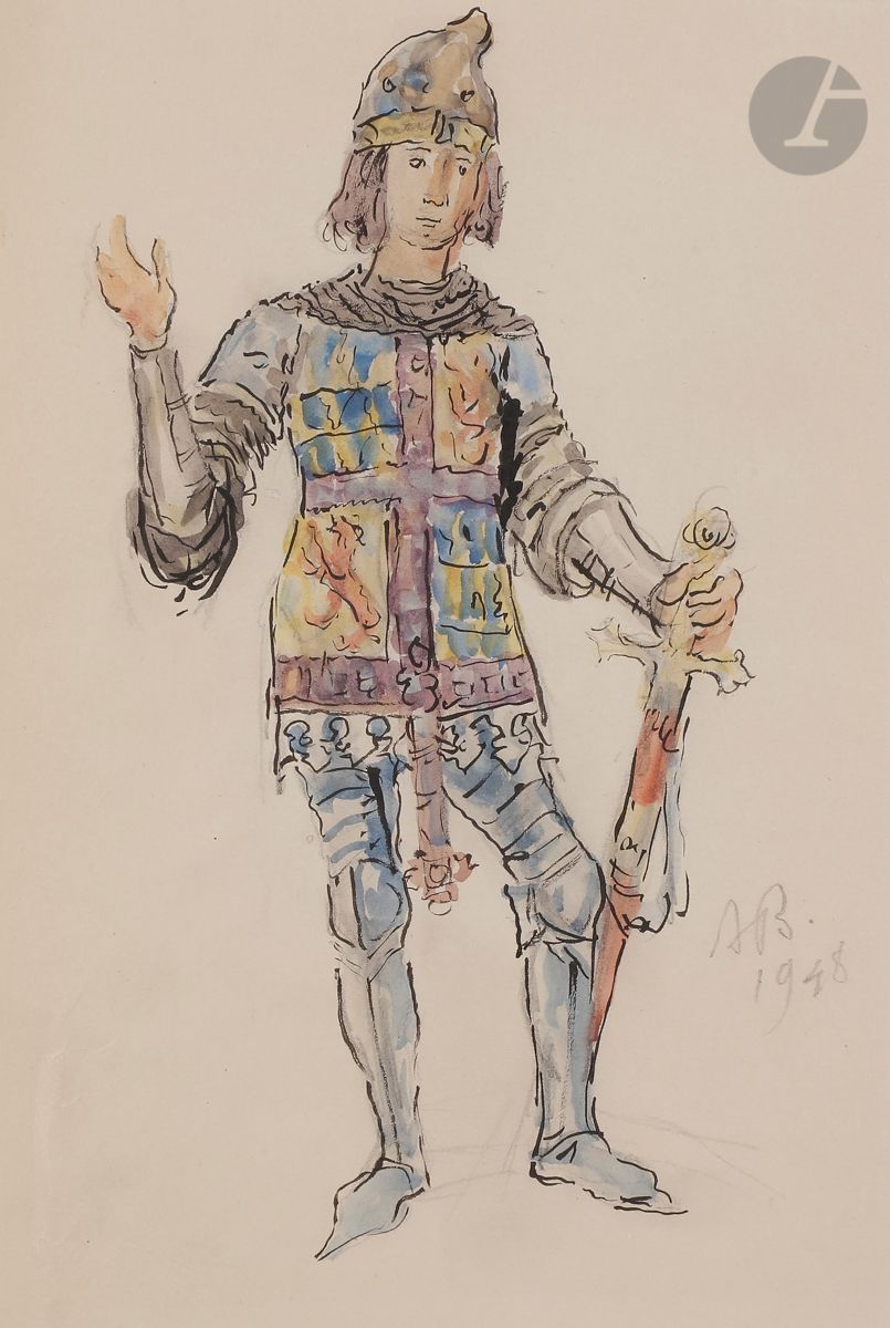 Null 亚历山大-贝努瓦(1870-1960
)为米兰斯卡拉歌剧院的Il Trovatore制作的骑士服装模型，1948年墨水
和水彩画

。


右下方有图&hellip;