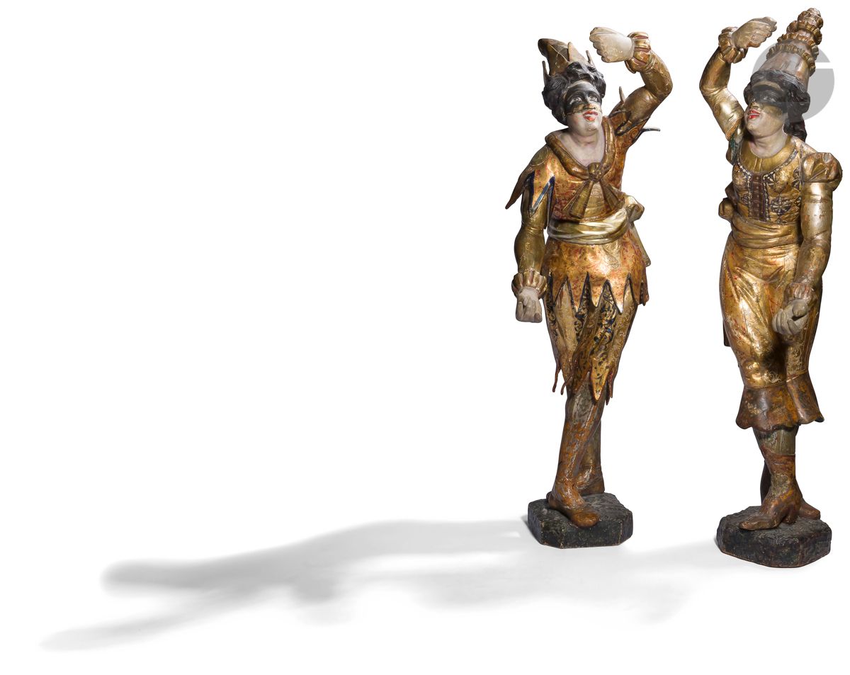 Null Two sculptures in polychrome and gold carved wood representing Harlequin an&hellip;