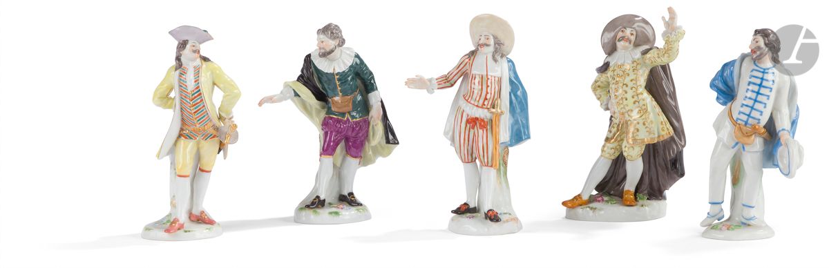 Null 
Meissen

Five porcelain statuettes with polychrome decoration of the serie&hellip;