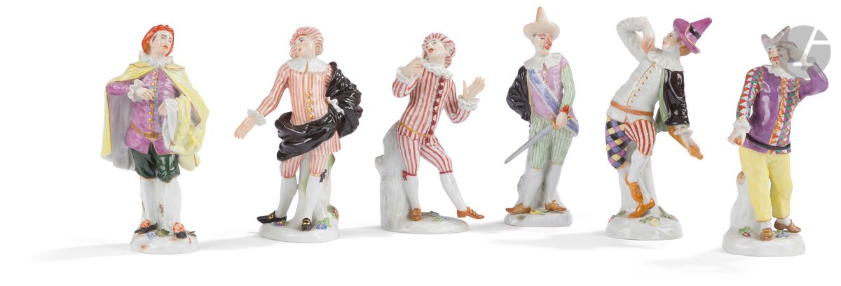 Null 迈森六个
多色装饰的瓷器雕像，来自于喜剧系列，表现了哈雷金跳舞，哈雷金，Giangurgolo Calabrois，ScaramoucheXX
世纪
&hellip;