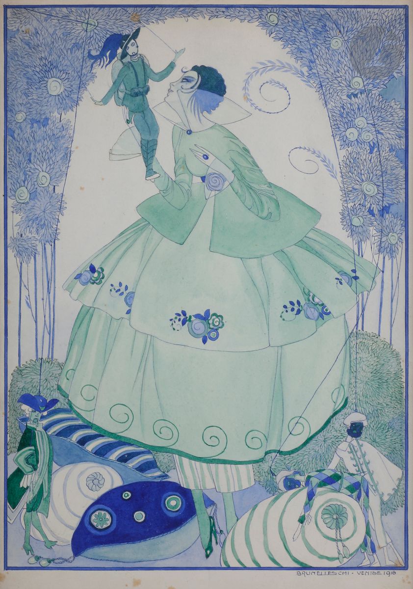 Null Umberto BRUNELLESCHI (1879-1949
)年轻女子与木偶，1916年墨水
和水彩画

。


签名，日期，位于威尼斯的右下方。&hellip;
