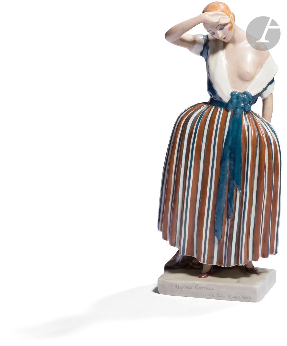 Null 格兰格（1877-1967）雕塑家和ETLING出版商Regina
Camier在Cocu Magnifique，约
1925年装饰性
主题。
多色珐&hellip;