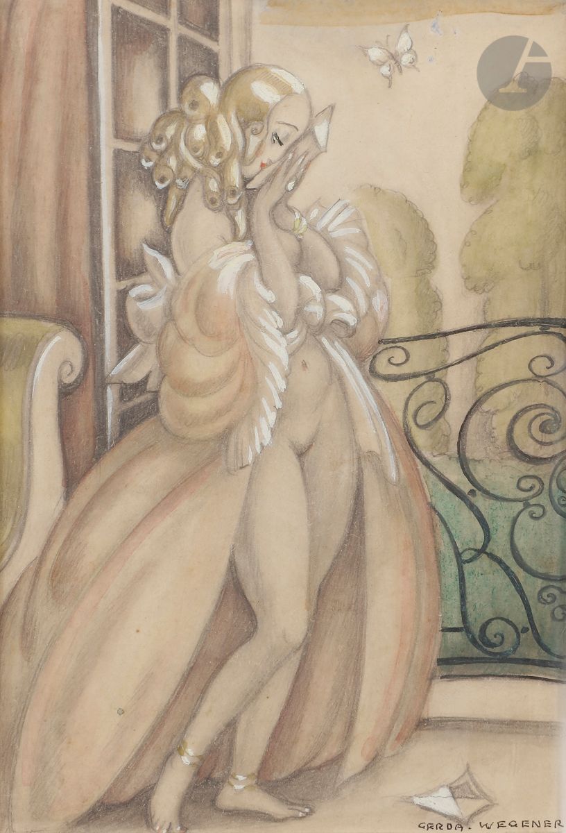 Null Gerda WEGENER (1885-1940
)《阳台上的读信》水彩
，石墨和水粉的亮点。
右下方有签名。
15,5 x 10 cm on vie&hellip;