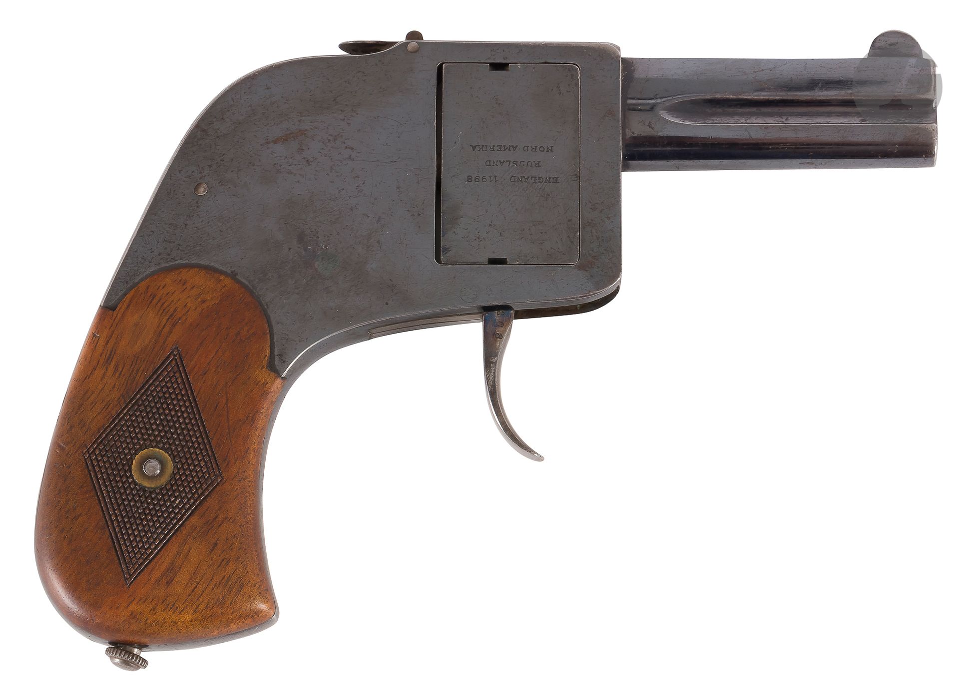 Null BAR "1897型双动，
中心火，4发，7毫米
口径的左轮手枪，有
两个
固定的54毫米枪管，顶部刻有 "BAR PISTOL"

。

 
扁平的&hellip;