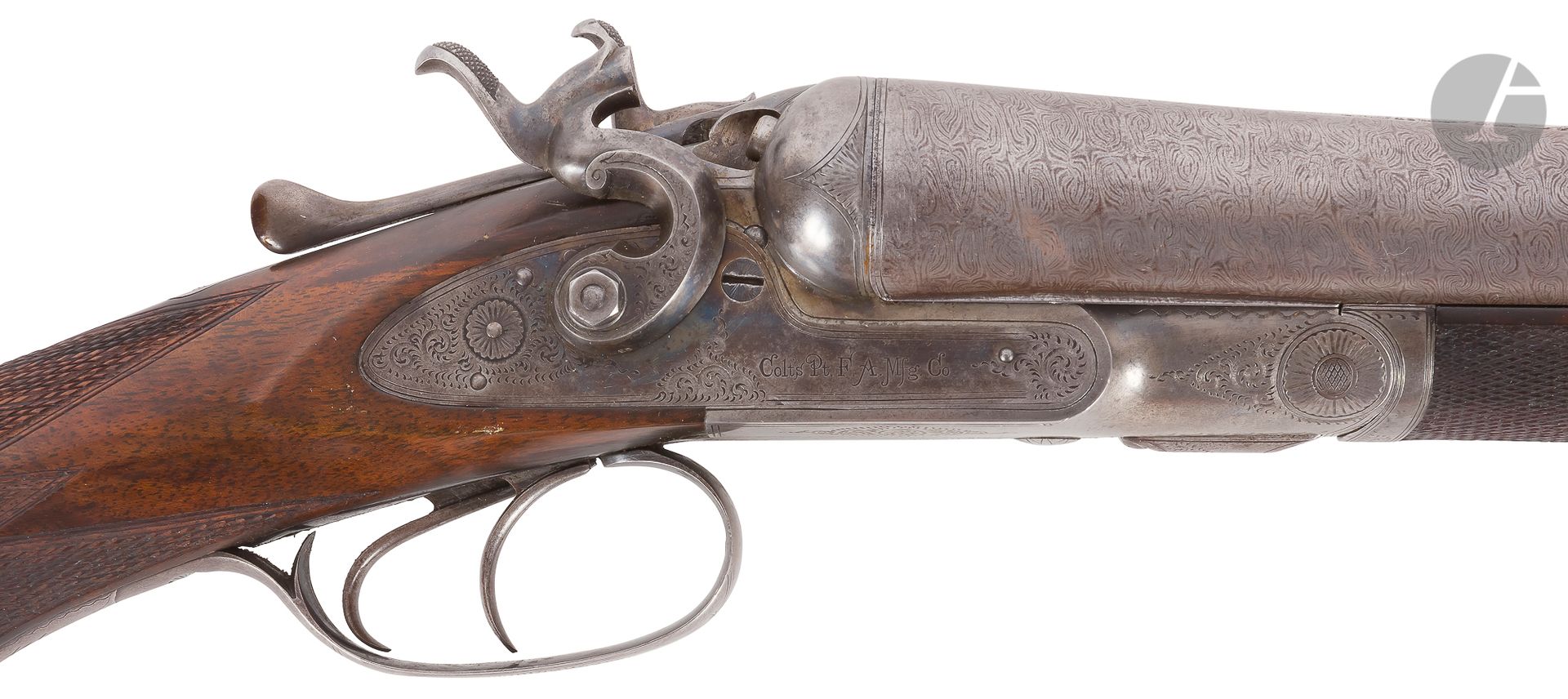 Null 柯尔特 "1878型中心火力猎枪，外锤，两发，10口径。
并排的，圆形的，大马士革式的，经过抛光处理的枪管。
带子上
有签名
"Colt's PT.P&hellip;