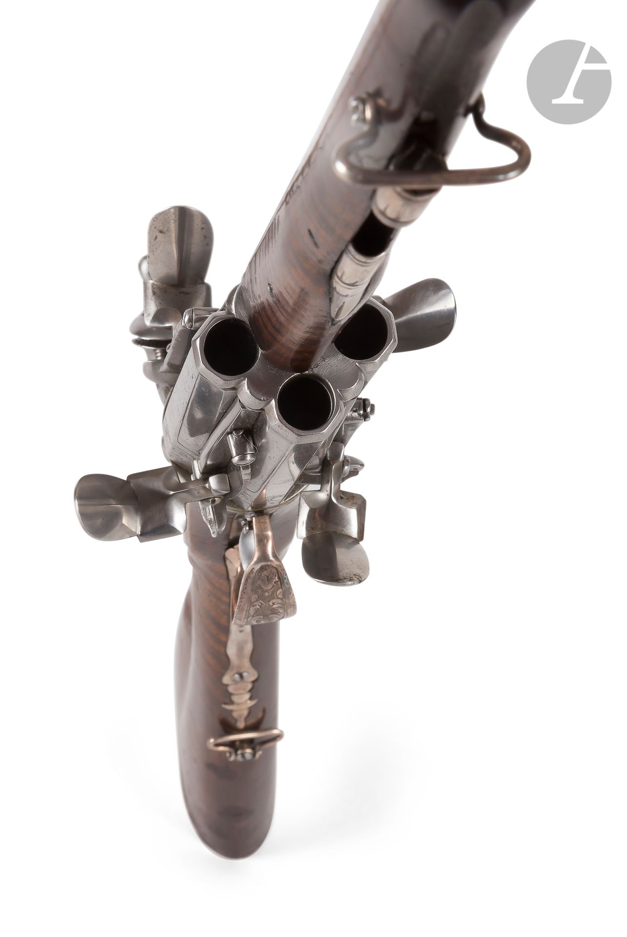 Null Rare and interesting flintlock revolver rifle, four shots, with barrel turn&hellip;